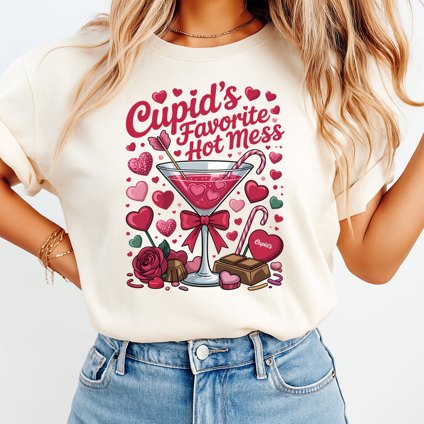 Valentines Day DTF Transfer – Cupid’s Favorite Hot Mess Cocktail Ready to Press Iron On Heat Transfer DIY Valentines Shirts 12656