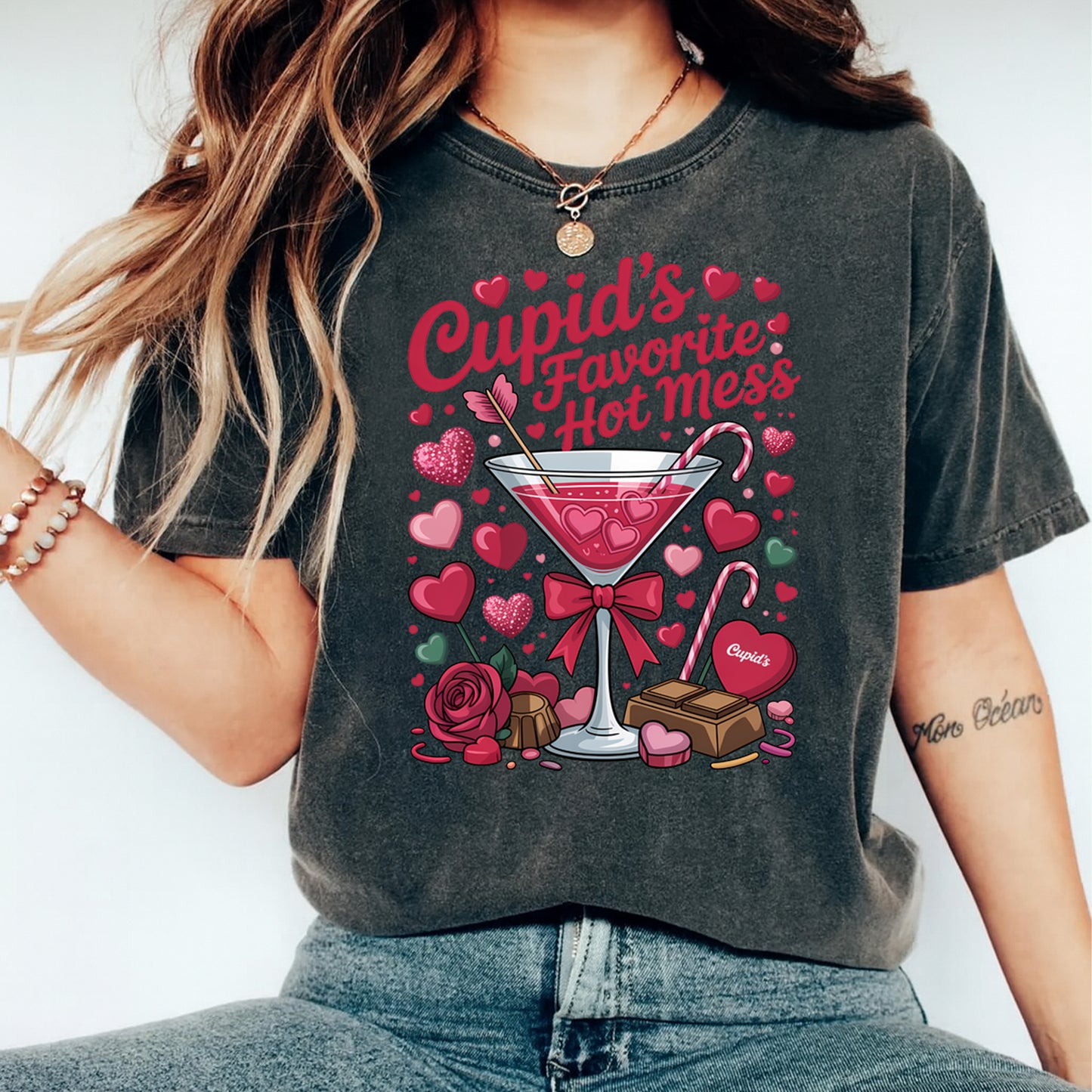 Valentines Day DTF Transfer – Cupid’s Favorite Hot Mess Cocktail Ready to Press Iron On Heat Transfer DIY Valentines Shirts 12656