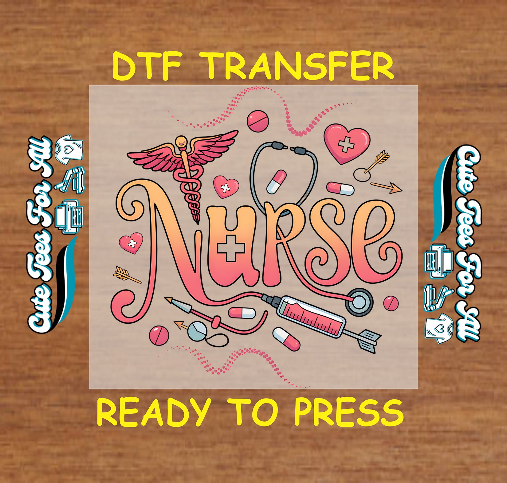 Nurse typography with stethoscope syringe pills and medical hearts, ready to press dtf transfer for DIY nurse shirts