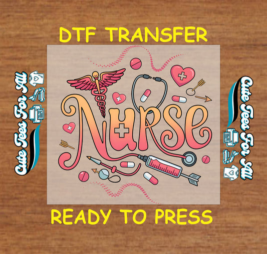 Nurse typography with stethoscope syringe pills and medical hearts, ready to press dtf transfer for DIY nurse shirts