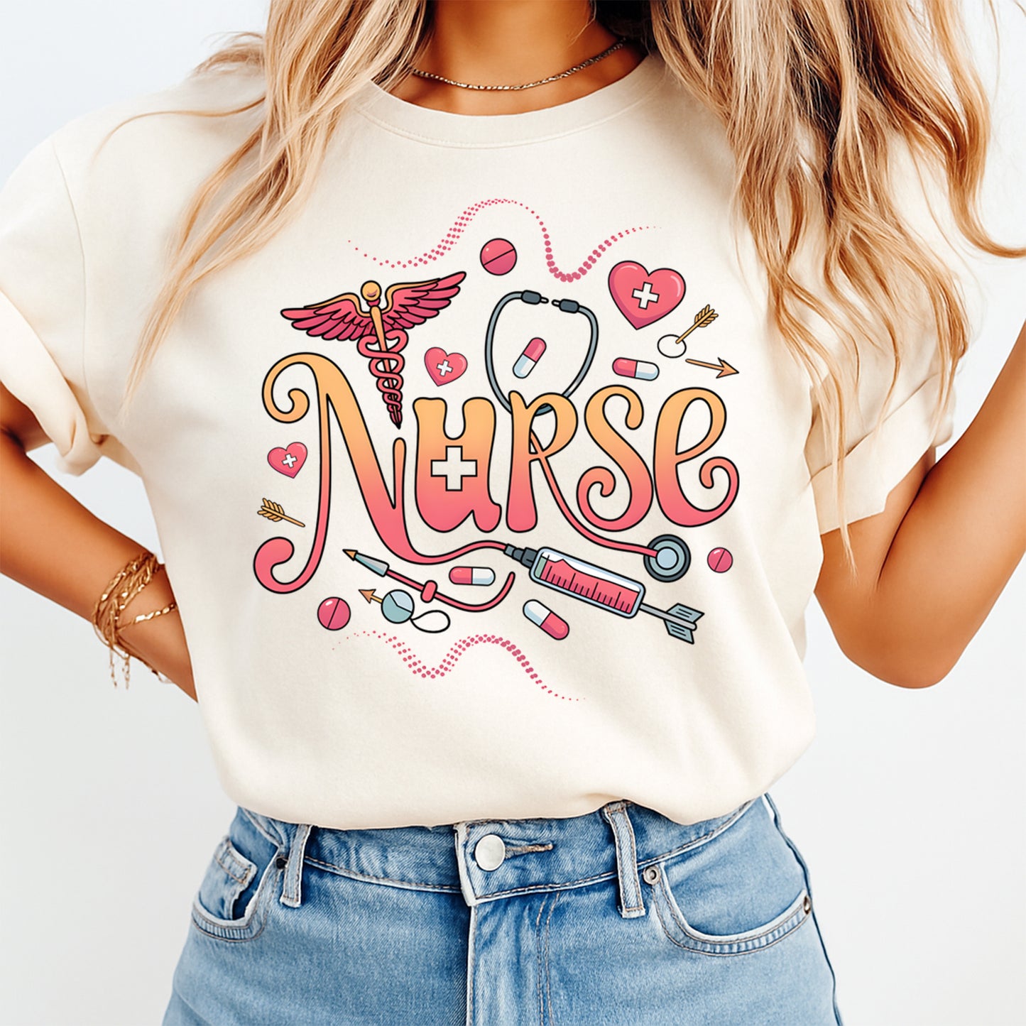 Nurse DTF Transfer – Medical Nurse Icons Typography Ready to Press Iron On Heat Transfer DIY Nurse Shirts 12658