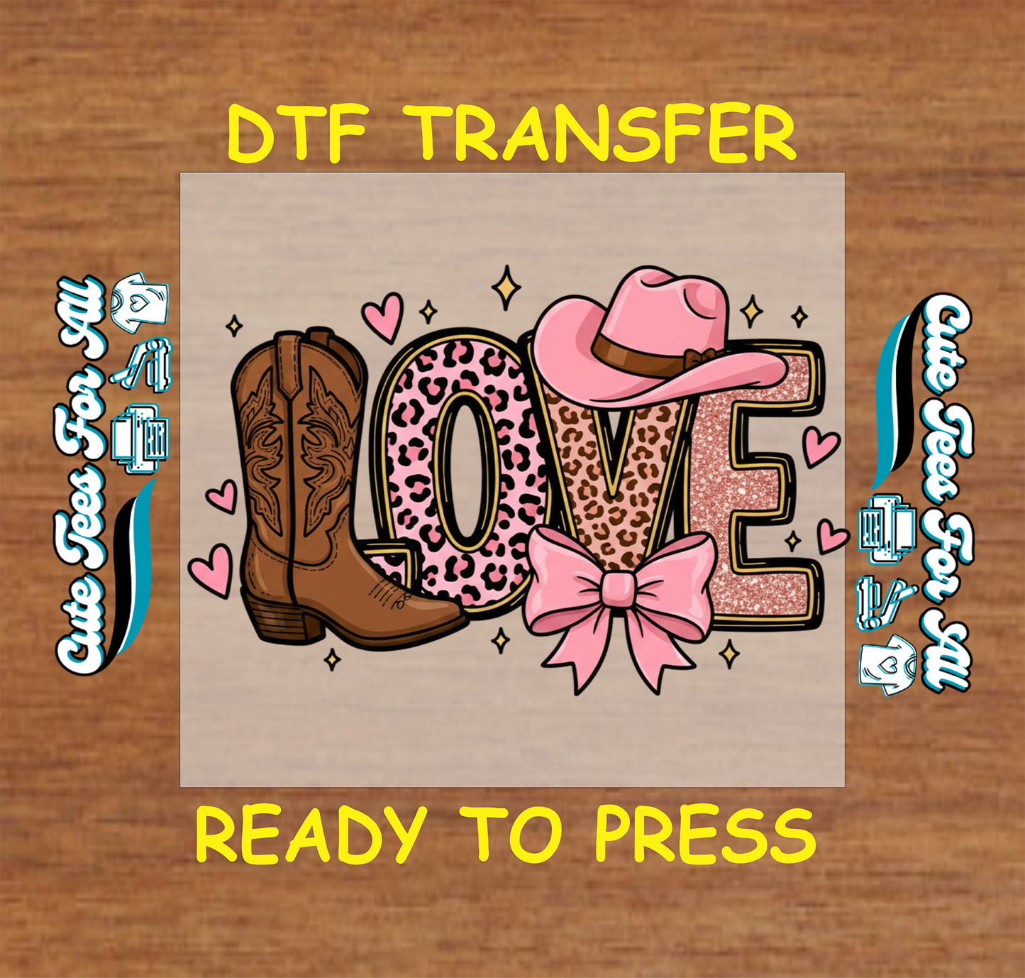 Western LOVE graphic with cowboy boots pink hat bow leopard print letters and hearts, ready to press dtf transfer for DIY Valentines shirts