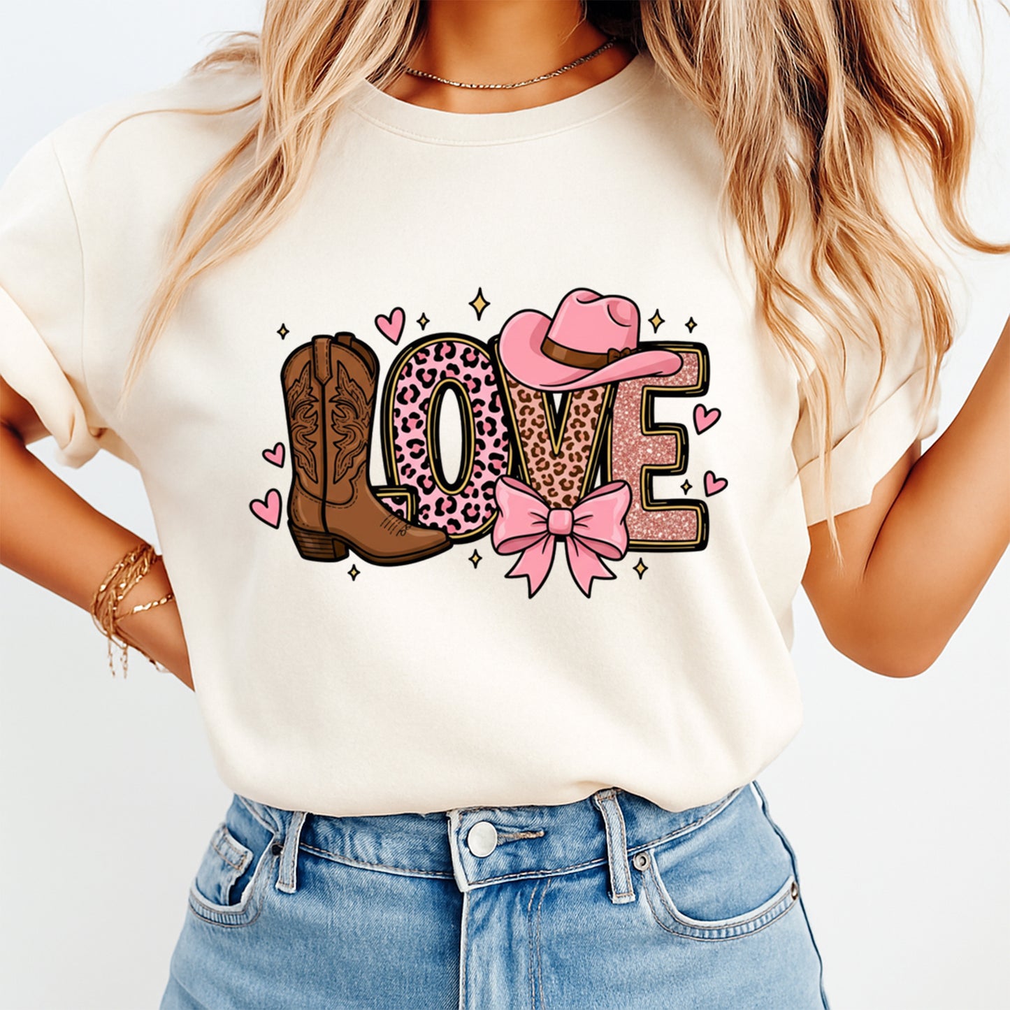 Valentines Day DTF Transfer – Western Love Boots Bow Hat Ready to Press Iron On Heat Transfer DIY Valentines Shirts 12659