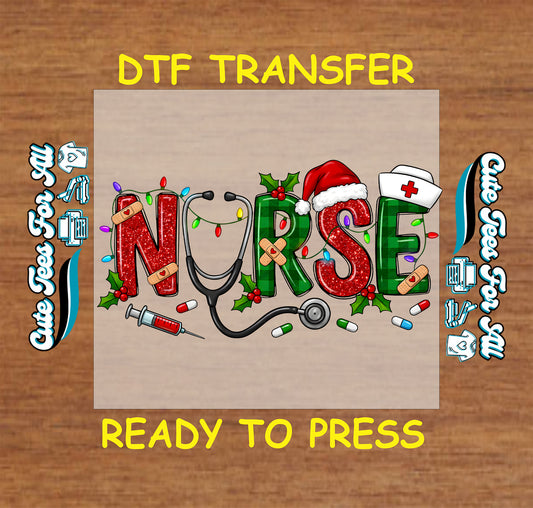 Christmas nurse lettering with Santa hat holly stethoscope syringe and medical icons, ready to press dtf transfer for DIY Christmas shirts