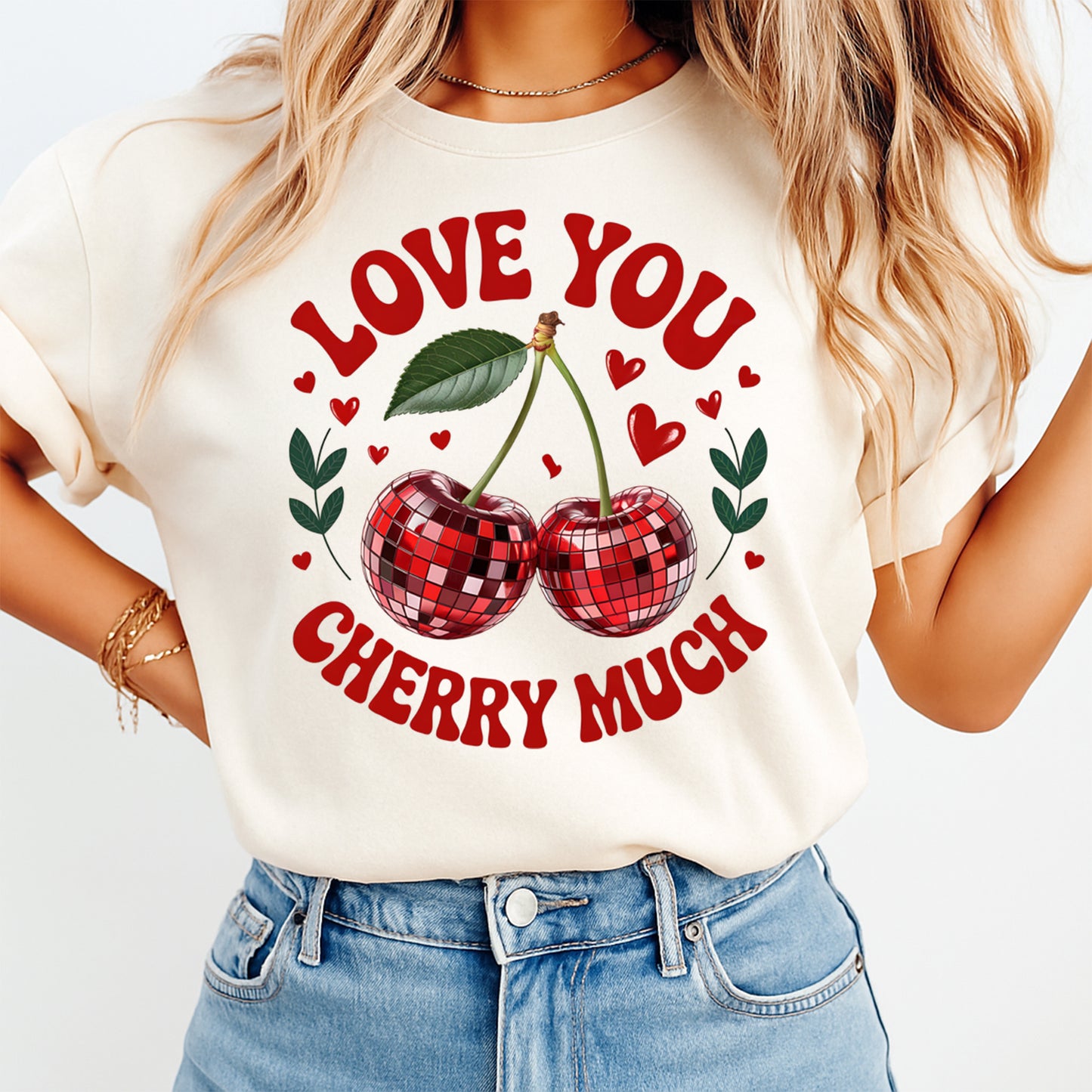Valentines Day DTF Transfer – Love You Cherry Much Disco Cherries Ready to Press Iron On Heat Transfer DIY Valentines Shirts 12664