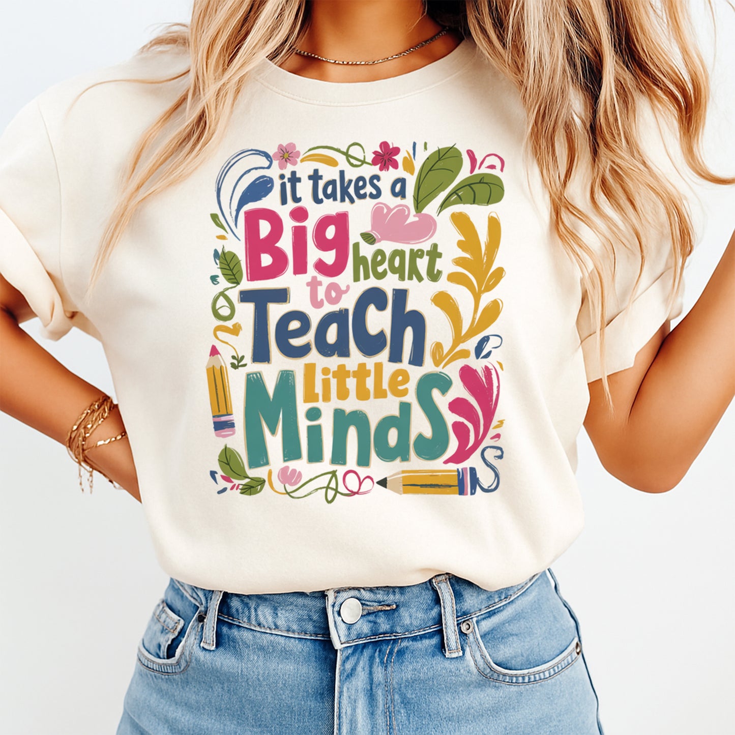 Teacher DTF Transfer – Big Heart Teach Little Minds Ready to Press Iron On Heat Transfer DIY Teacher Shirts 12665