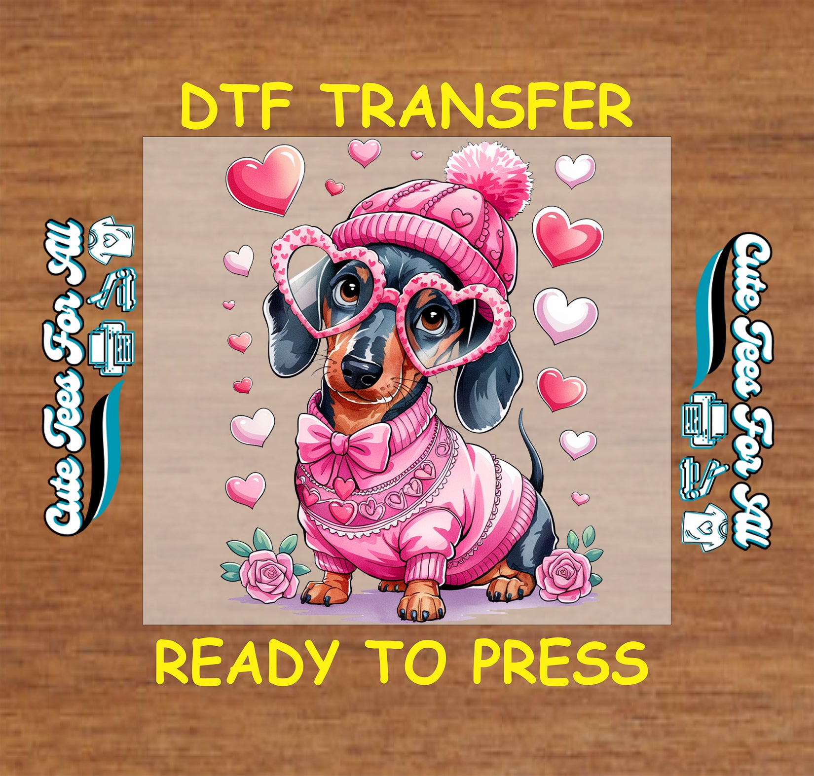 Pink dachshund wearing heart glasses sweater and hat with floating hearts, ready to press dtf transfer for DIY Valentines shirts