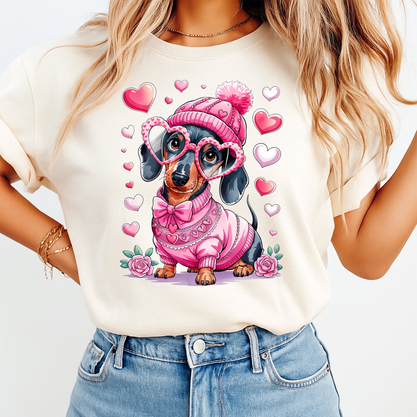 Valentines Day DTF Transfer – Pink Dachshund Heart Glasses Ready to Press Iron On Heat Transfer DIY Valentines Shirts 12666