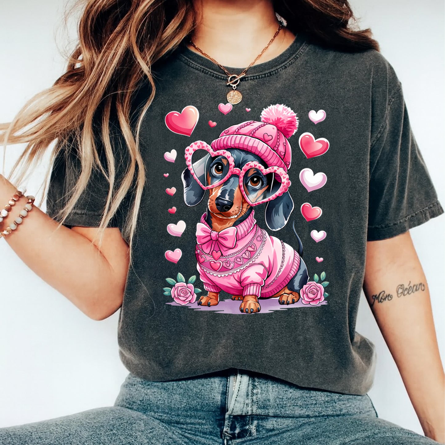 Valentines Day DTF Transfer – Pink Dachshund Heart Glasses Ready to Press Iron On Heat Transfer DIY Valentines Shirts 12666