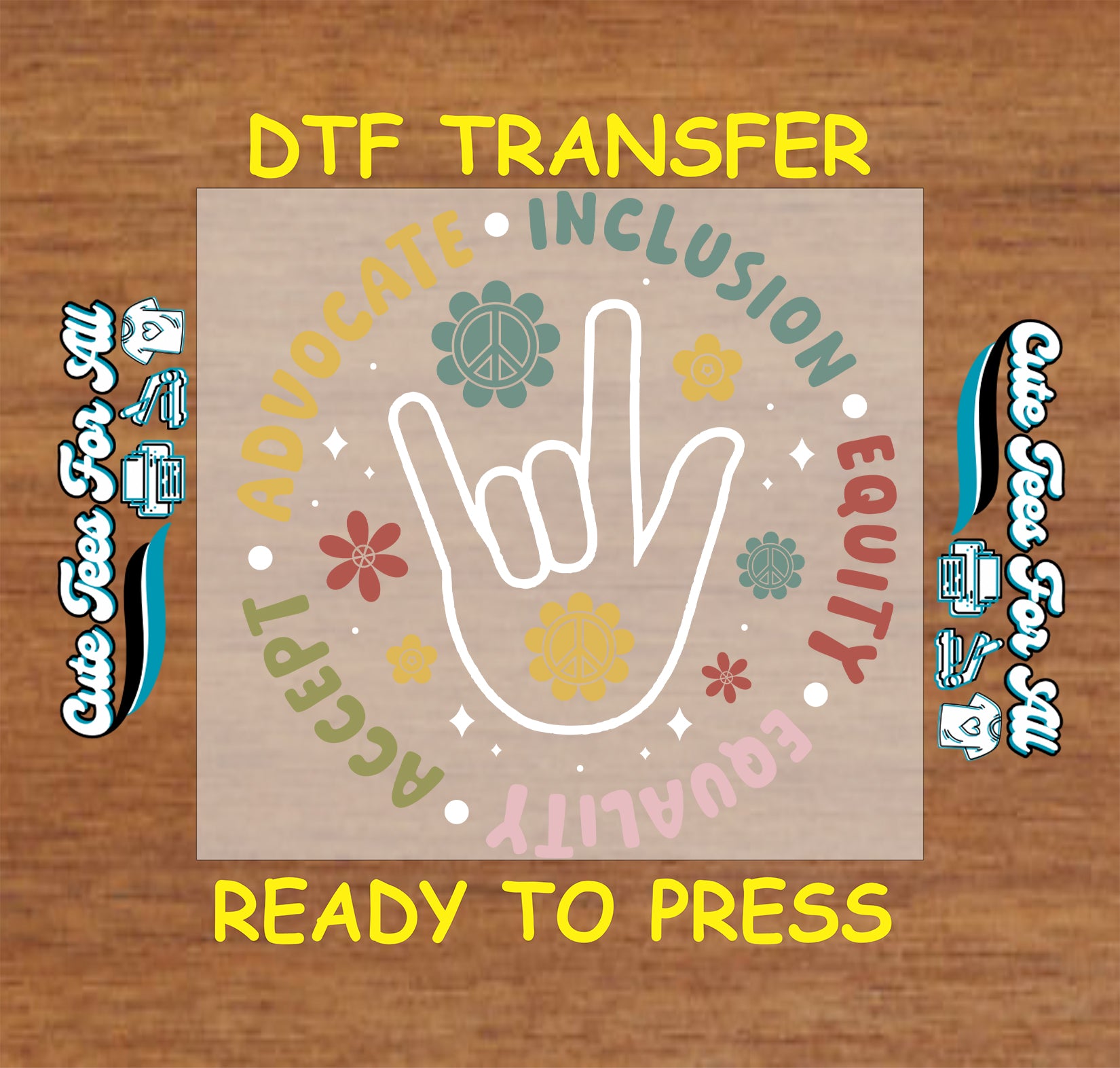 Hand symbol with peace signs flowers and inclusion equality words, ready to press dtf transfer for DIY shirts