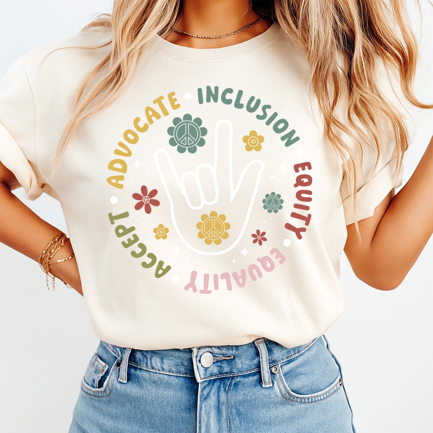Advocate Inclusion Equality DTF Transfer – Hand Symbol Peace Flowers Ready to Press Iron On Heat Transfer DIY Shirts 12667