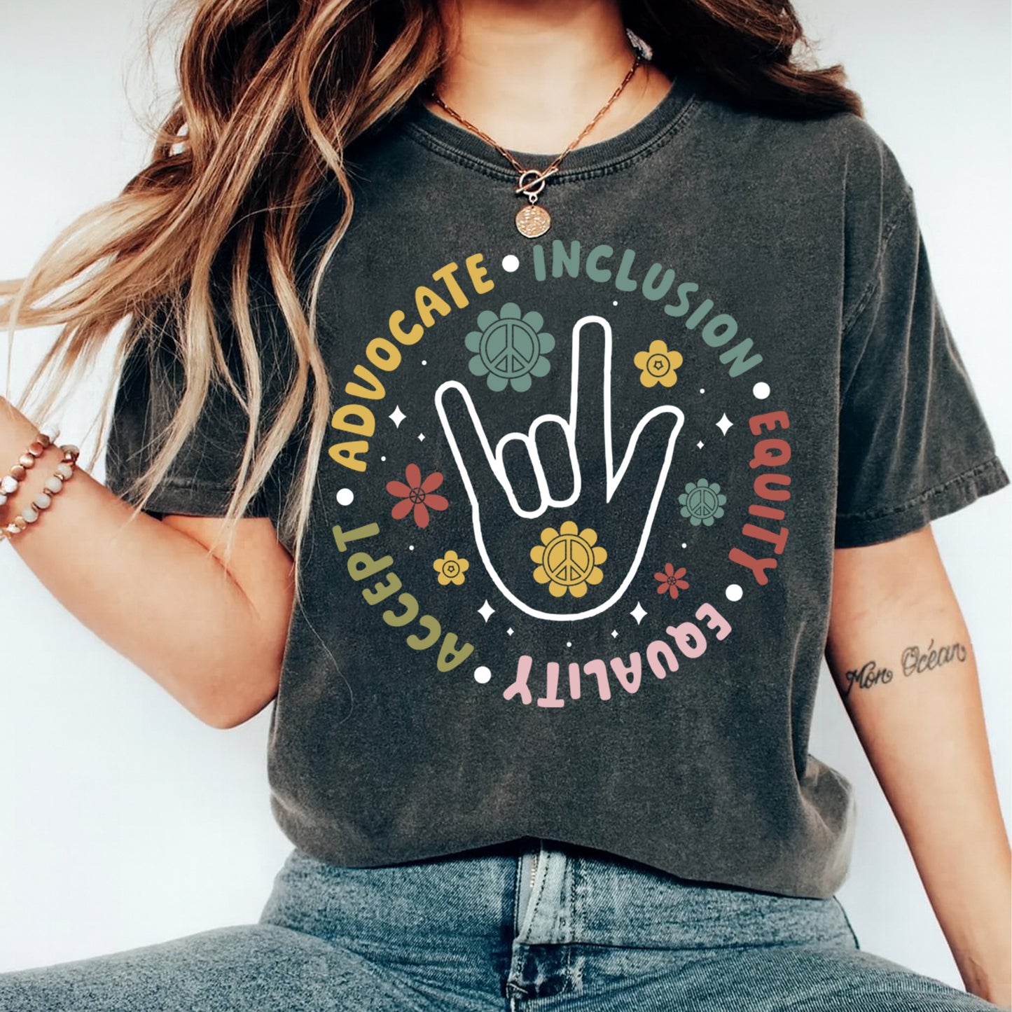 Advocate Inclusion Equality DTF Transfer – Hand Symbol Peace Flowers Ready to Press Iron On Heat Transfer DIY Shirts 12667