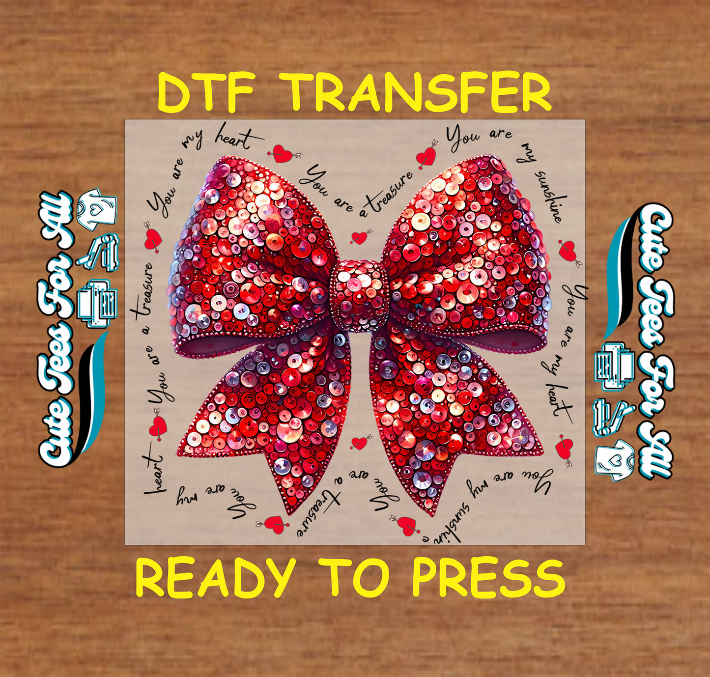 Red sequin heart bow with handwritten love phrases and heart accents, ready to press dtf transfer for DIY Valentines shirts
