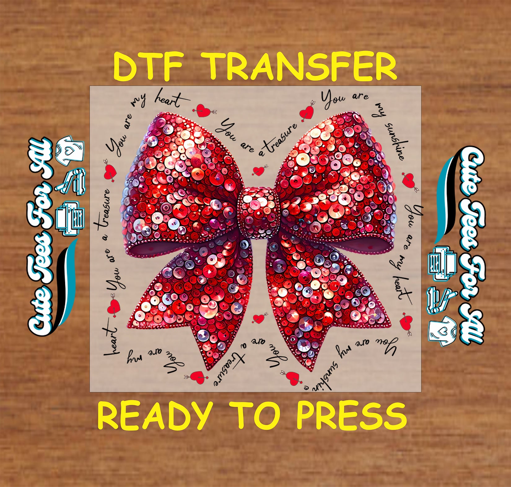 Red sequin heart bow with handwritten love phrases and heart accents, ready to press dtf transfer for DIY Valentines shirts