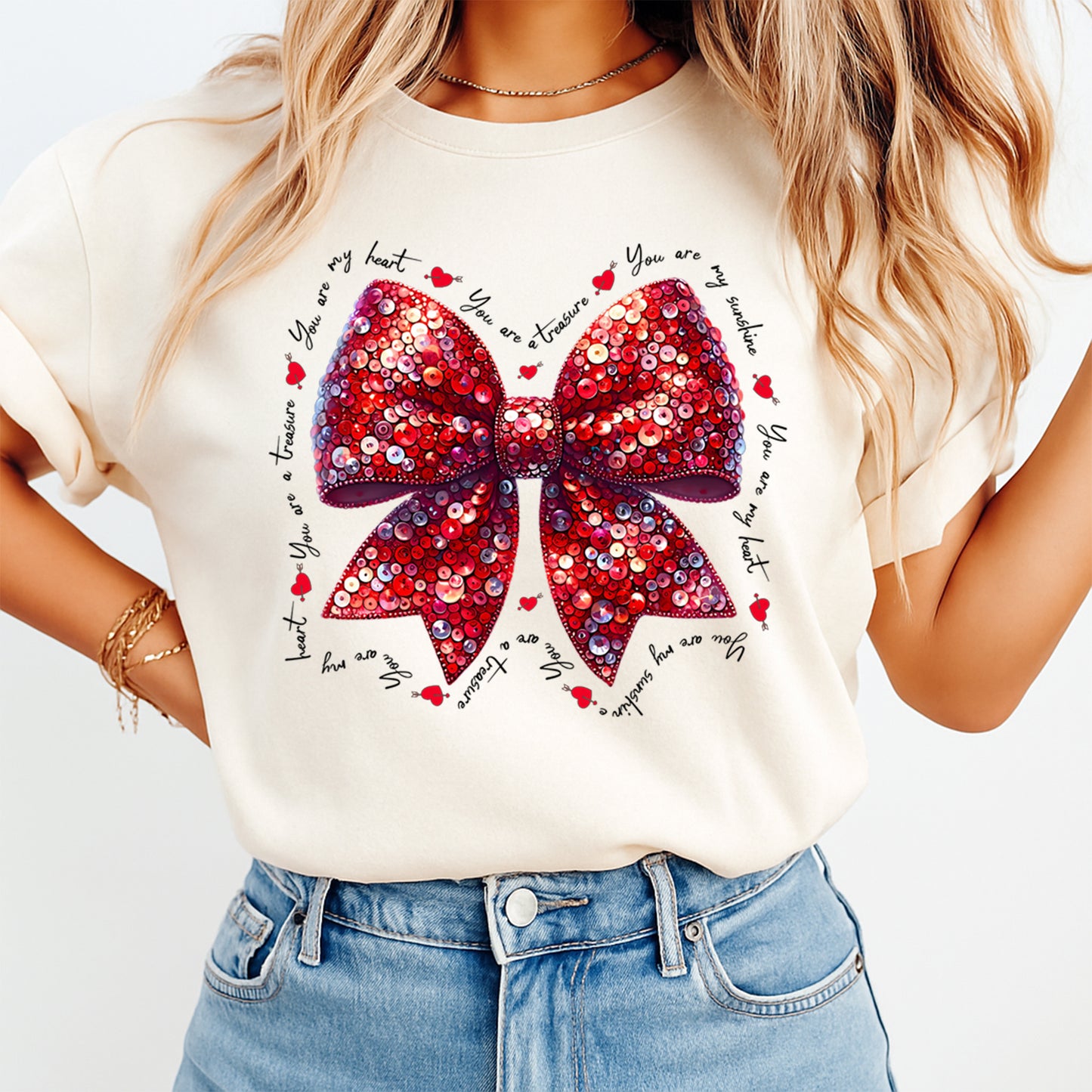 Valentines DTF Transfer – Sequin Heart Bow Love Message Ready to Press Iron On Heat Transfer DIY Valentines Shirts 12669