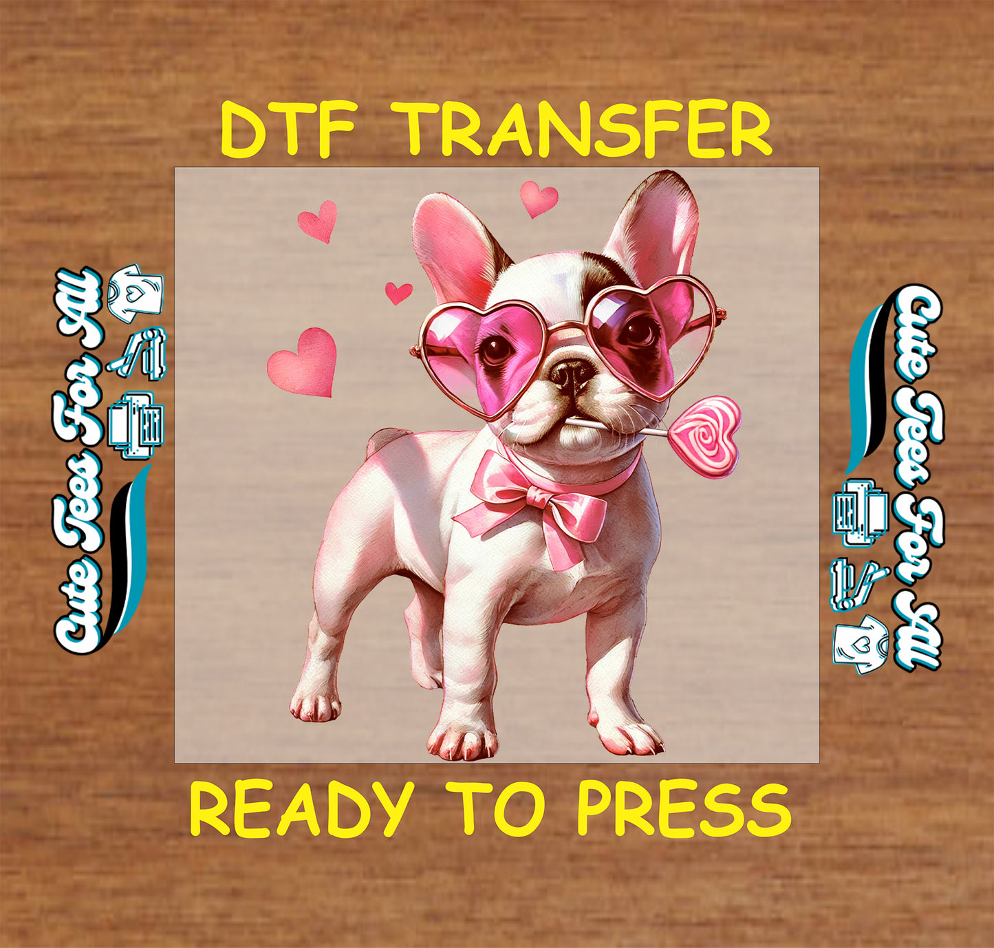 French bulldog wearing pink heart glasses bow tie and Valentine hearts, ready to press dtf transfer for DIY Valentines shirts