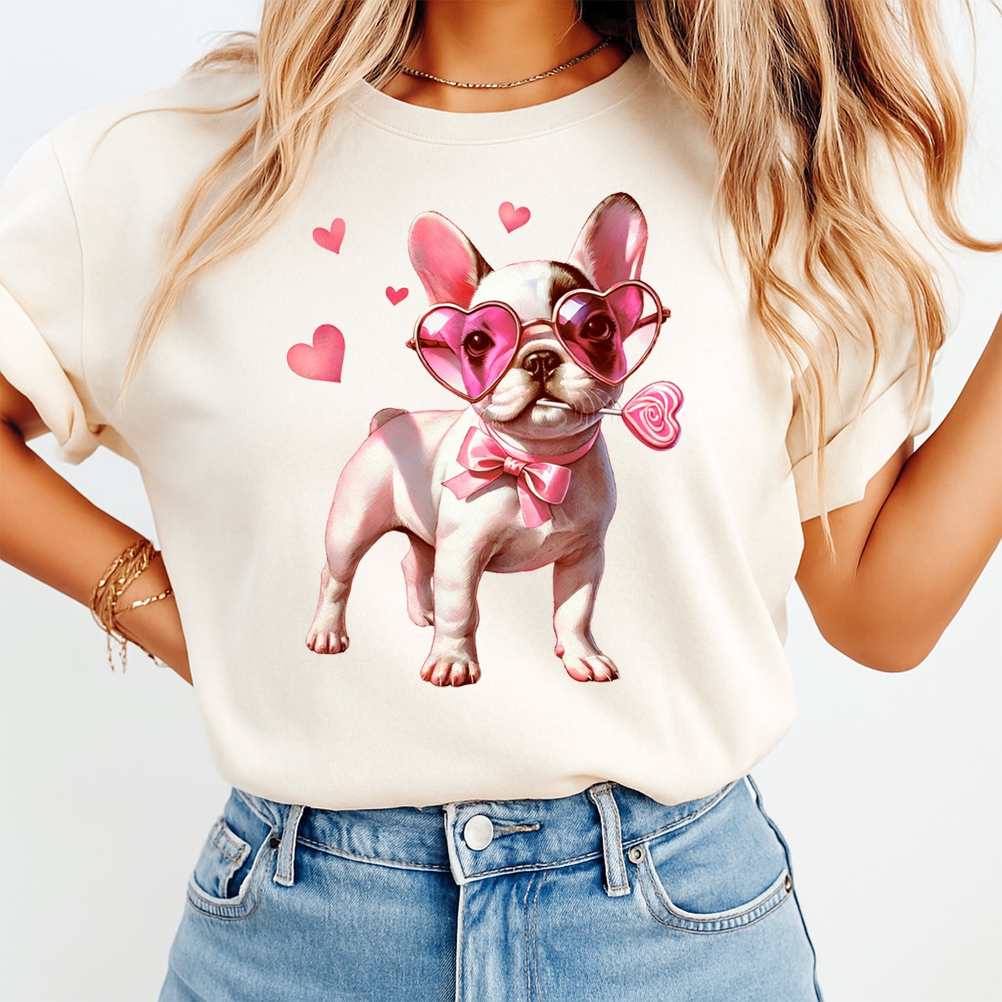 Valentines Day DTF Transfer – French Bulldog Heart Glasses Ready to Press Iron On Heat Transfer DIY Valentines Shirts 12670