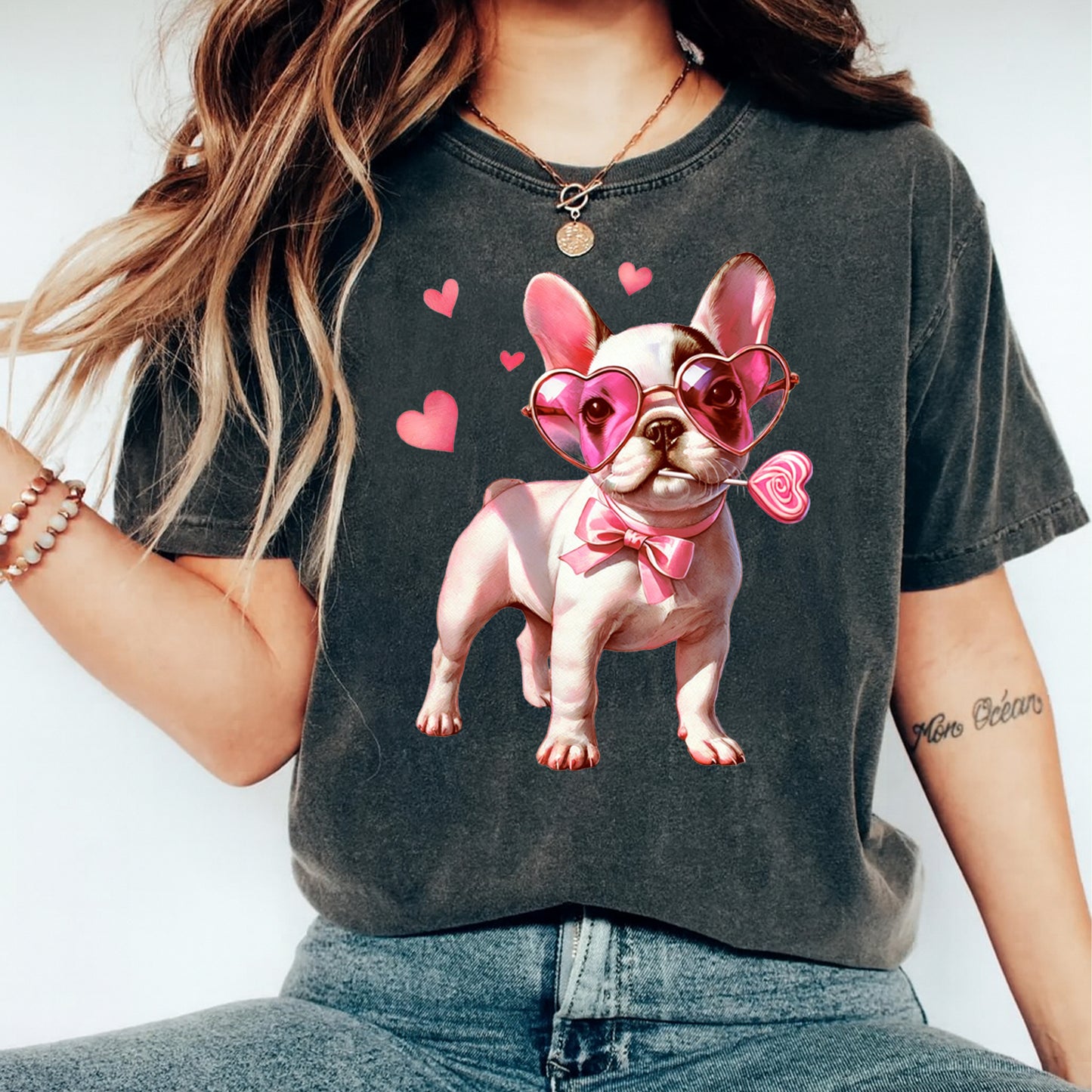 Valentines Day DTF Transfer – French Bulldog Heart Glasses Ready to Press Iron On Heat Transfer DIY Valentines Shirts 12670