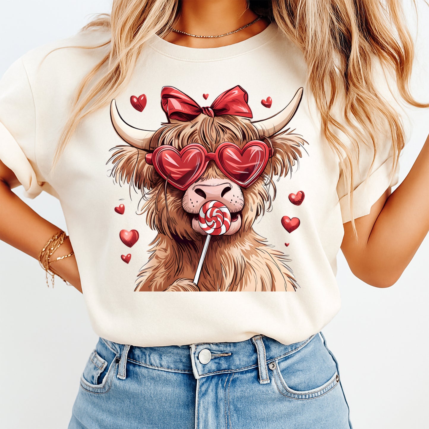 Valentines DTF Transfer – Heart Sunglasses Highland Cow Ready to Press Iron On Heat Transfer DIY Valentines Shirts 12671