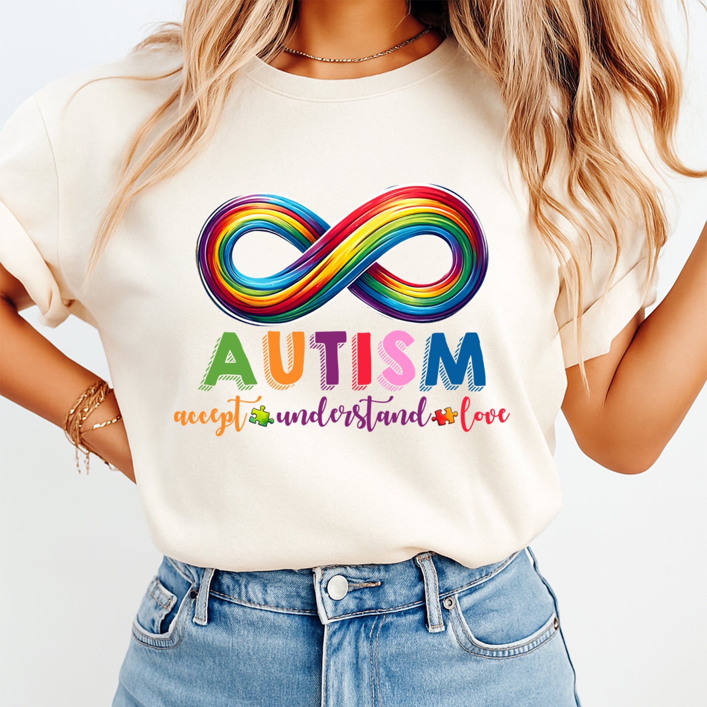 Autism Awareness DTF Transfer – Rainbow Infinity Accept Understand Love Ready to Press Iron On Heat Transfer for DIY Autism Shirts 12672