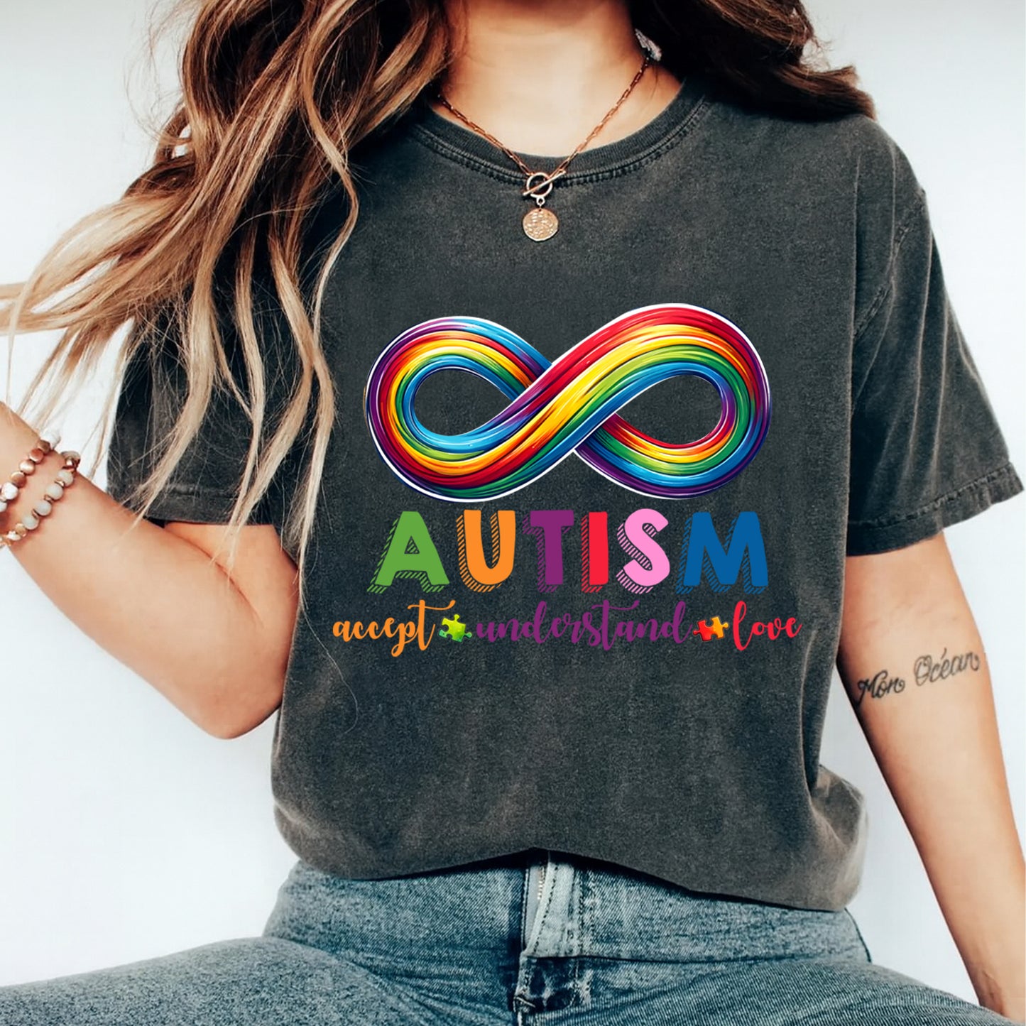 Autism Awareness DTF Transfer – Rainbow Infinity Accept Understand Love Ready to Press Iron On Heat Transfer for DIY Autism Shirts 12672