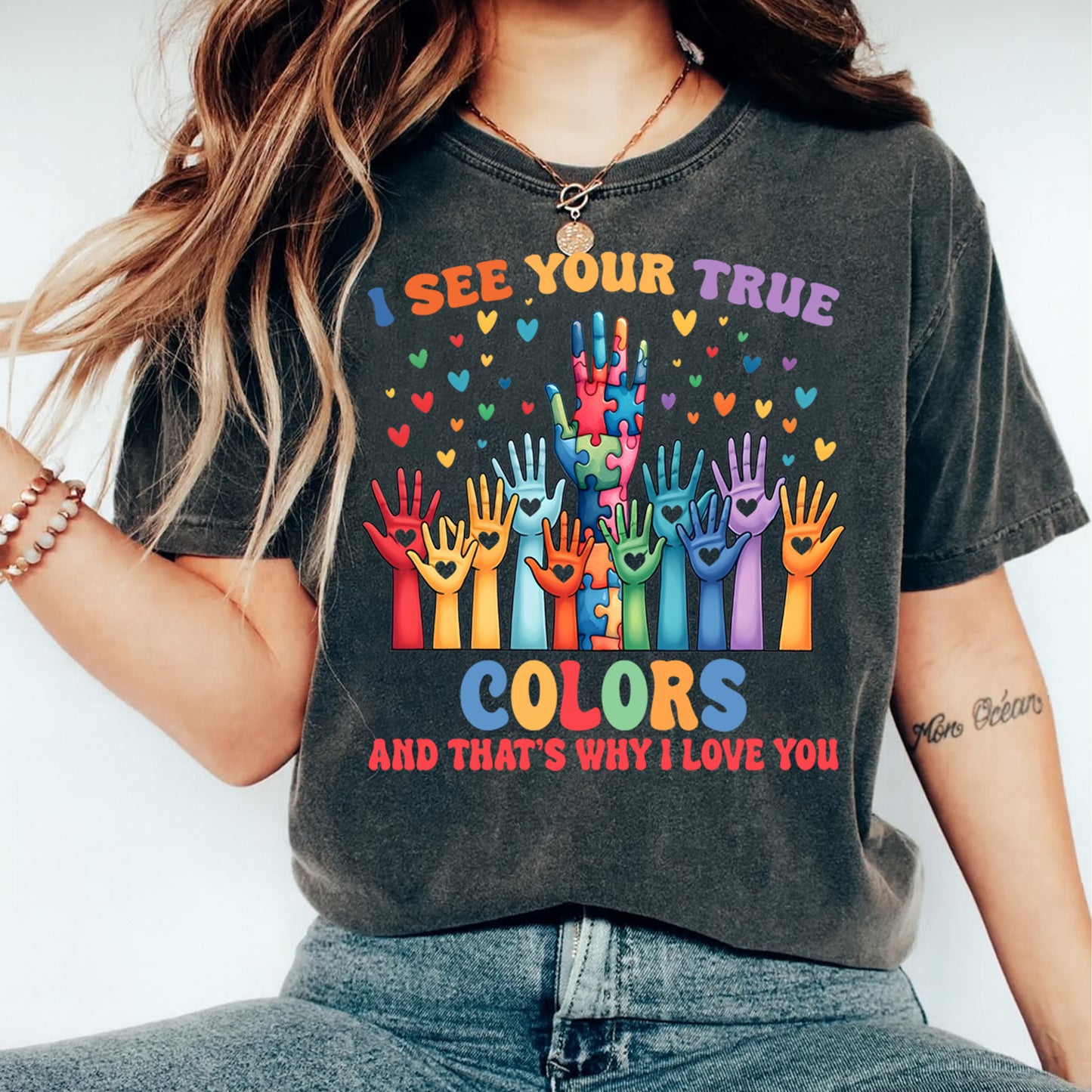Autism Awareness DTF Transfer – Colorful Raised Hands Message Ready to Press Iron On Heat Transfer DIY Autism Shirts 12673