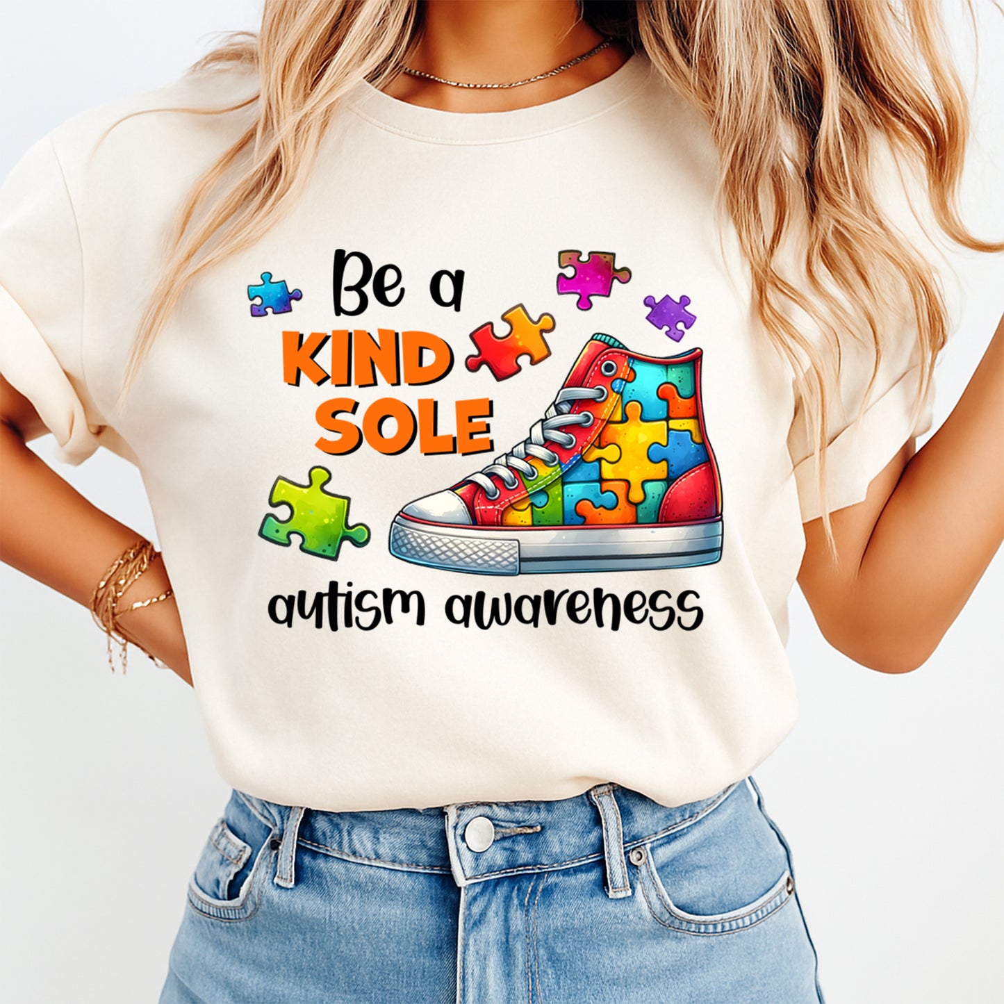 Autism Awareness DTF Transfer – Be a Kind Sole Puzzle Sneaker Ready to Press Iron On Heat Transfer DIY Autism Shirts 12674