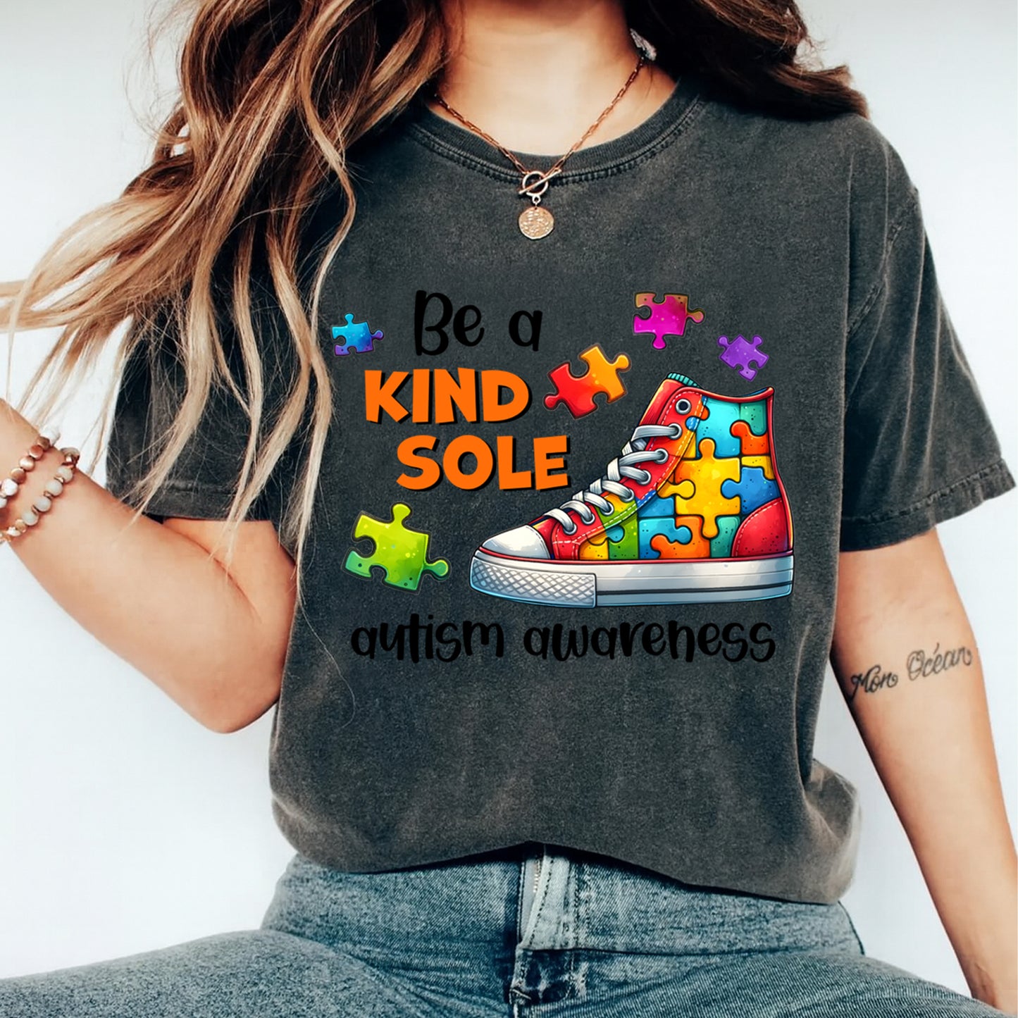 Autism Awareness DTF Transfer – Be a Kind Sole Puzzle Sneaker Ready to Press Iron On Heat Transfer DIY Autism Shirts 12674