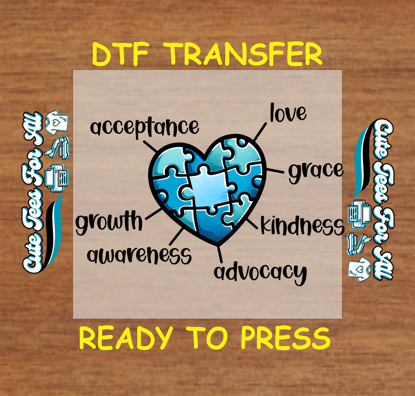 Ready to press dtf autism awareness transfer with blue puzzle heart and words acceptance love grace kindness advocacy awareness growth