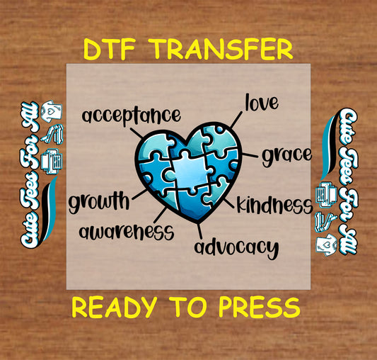 Ready to press dtf autism awareness transfer with blue puzzle heart and words acceptance love grace kindness advocacy awareness growth