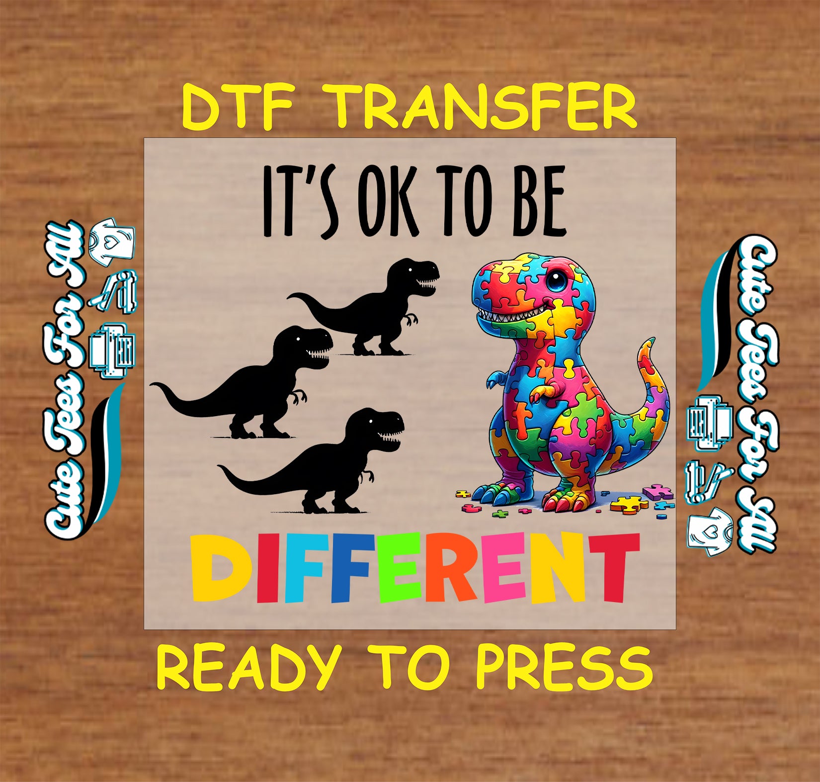 Ready to press dtf autism transfer with colorful puzzle dinosaur and it’s ok to be different text