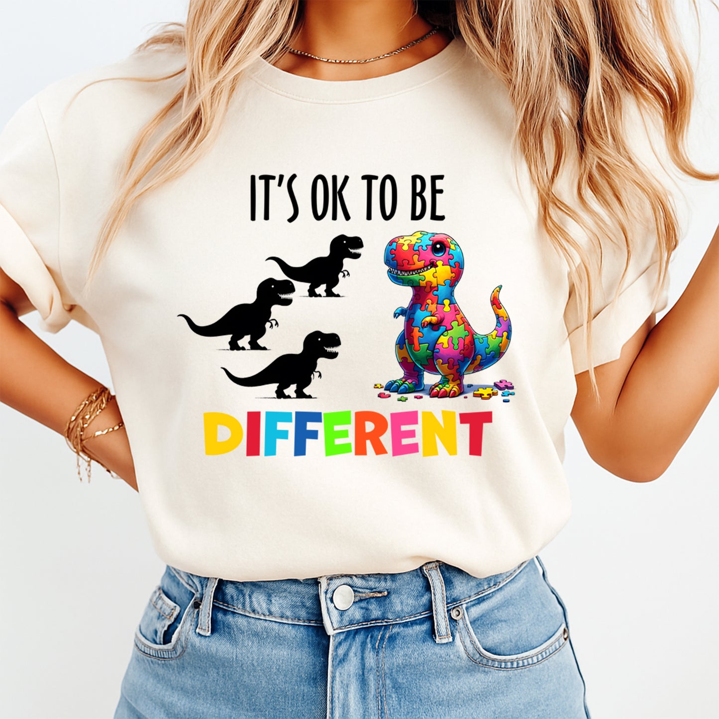 Autism DTF Transfer – It’s OK to Be Different Dinosaur Ready to Press Iron On Heat Transfer DIY Autism Shirts 12679