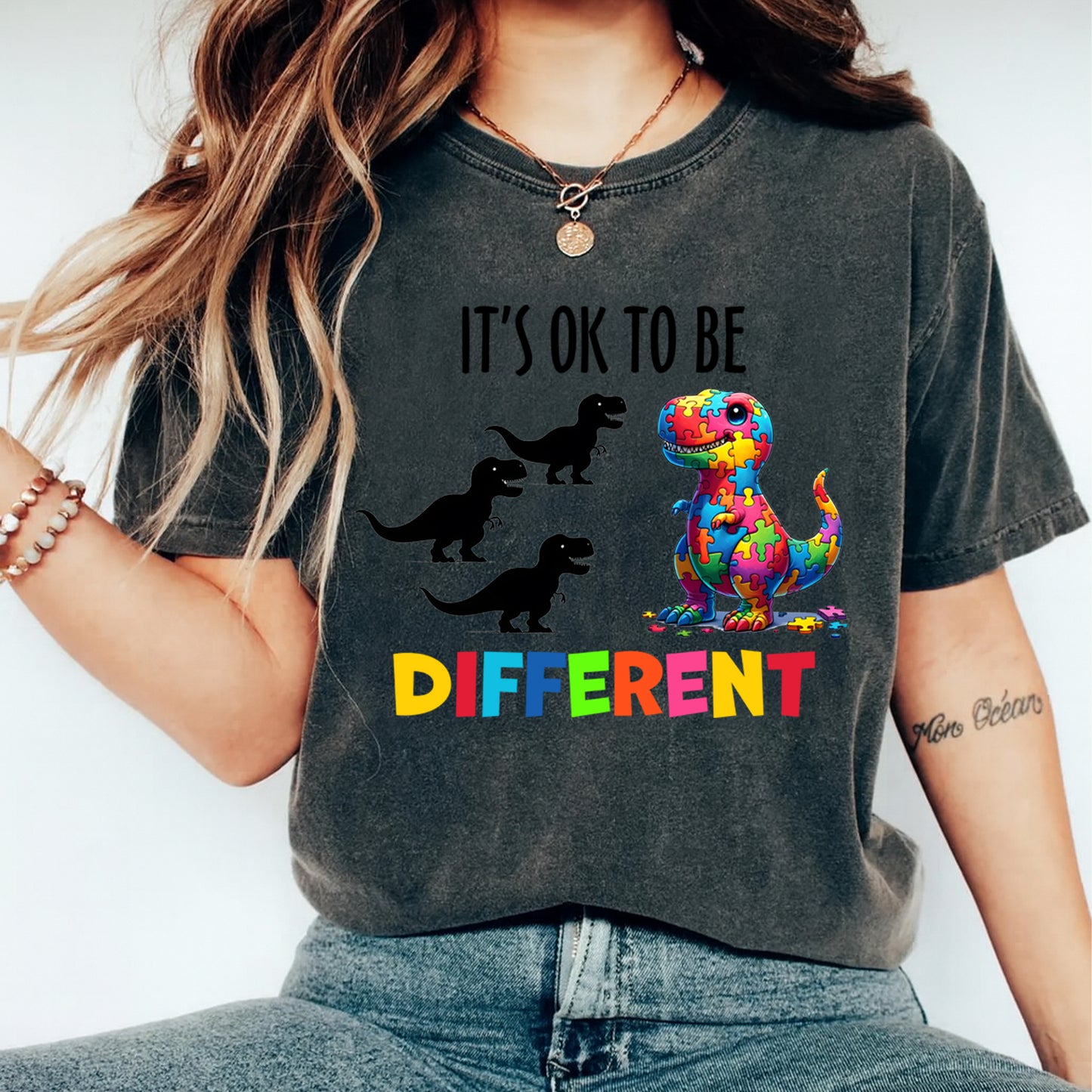 Autism DTF Transfer – It’s OK to Be Different Dinosaur Ready to Press Iron On Heat Transfer DIY Autism Shirts 12679