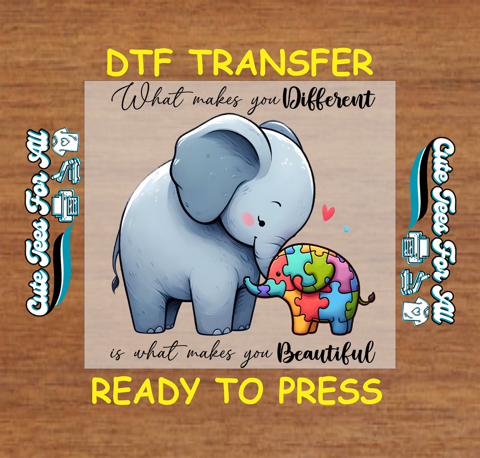 Ready to press dtf autism transfer with elephant and puzzle elephant illustration and what makes you different is what makes you beautiful text