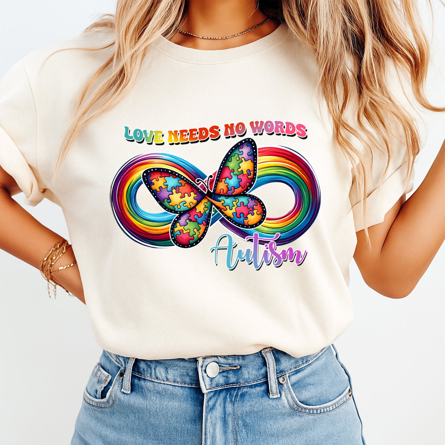 Autism DTF Transfer – Love Needs No Words Rainbow Infinity Butterfly Ready to Press Iron On Heat Transfer DIY Autism Shirts 12683
