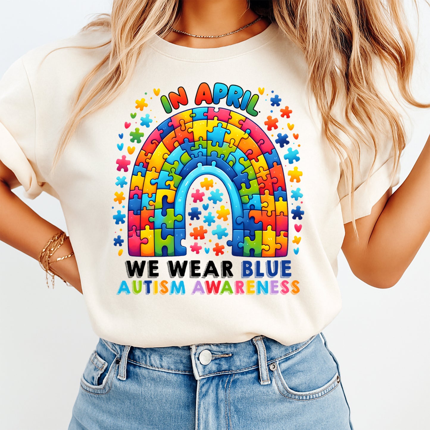 Autism Awareness DTF Transfer – In April We Wear Blue Rainbow Puzzle Ready to Press Iron On Heat Transfer DIY Autism Shirts 12684