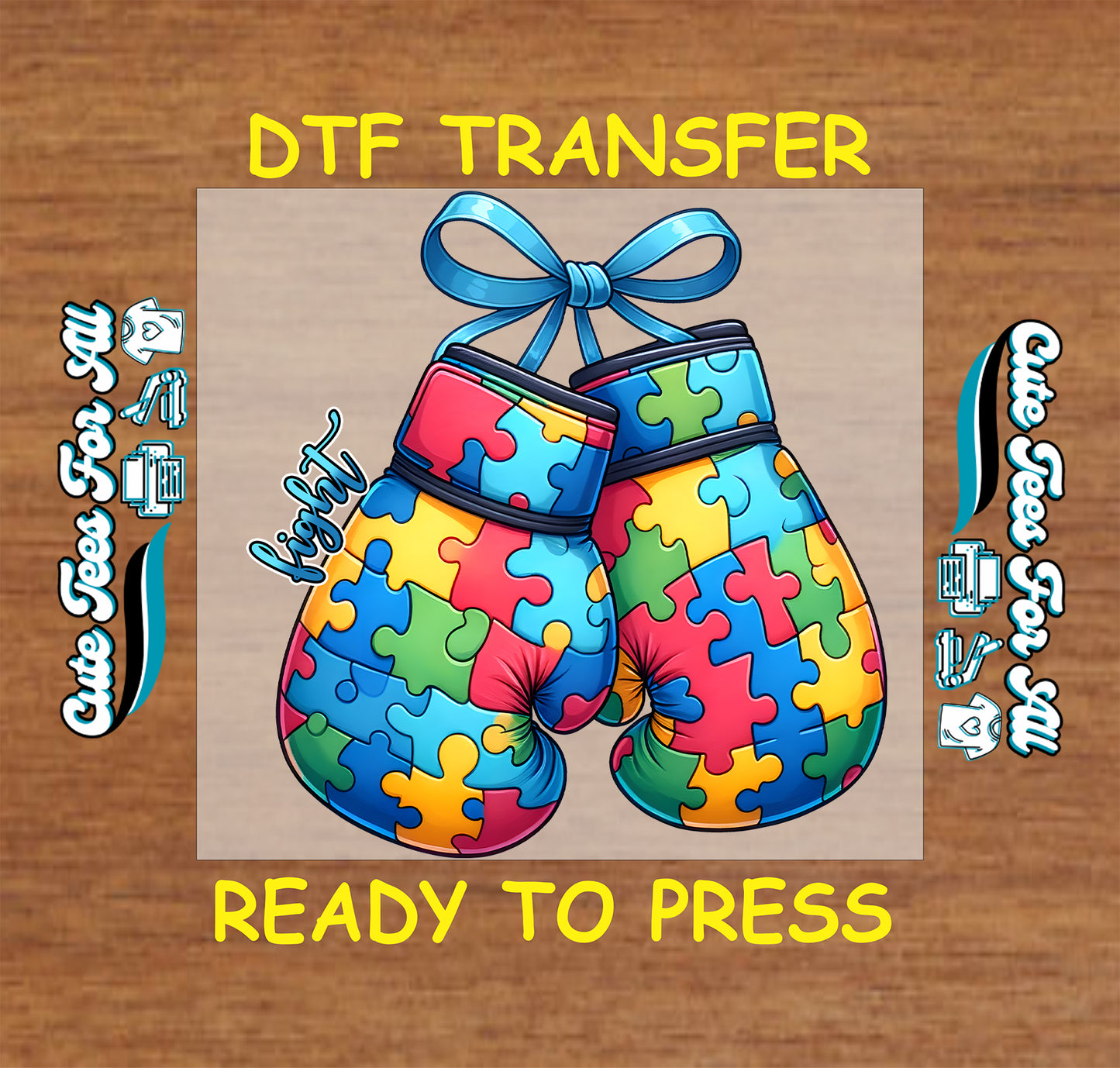 Ready to press dtf autism transfer with puzzle boxing gloves tied with blue ribbon and fight text