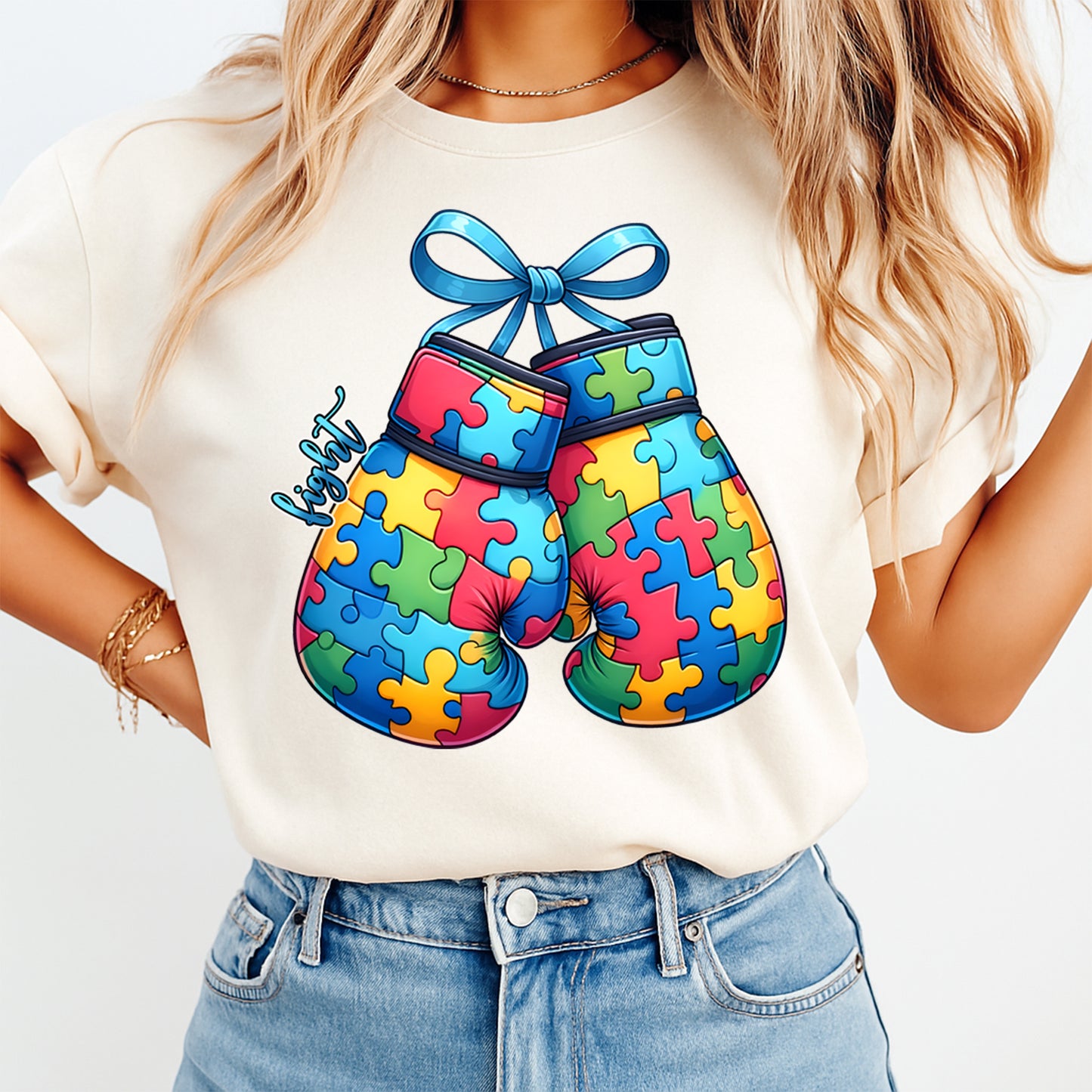 Autism DTF Transfer – Fight Puzzle Boxing Gloves Ready to Press Iron On Heat Transfer DIY Autism Shirts 12685
