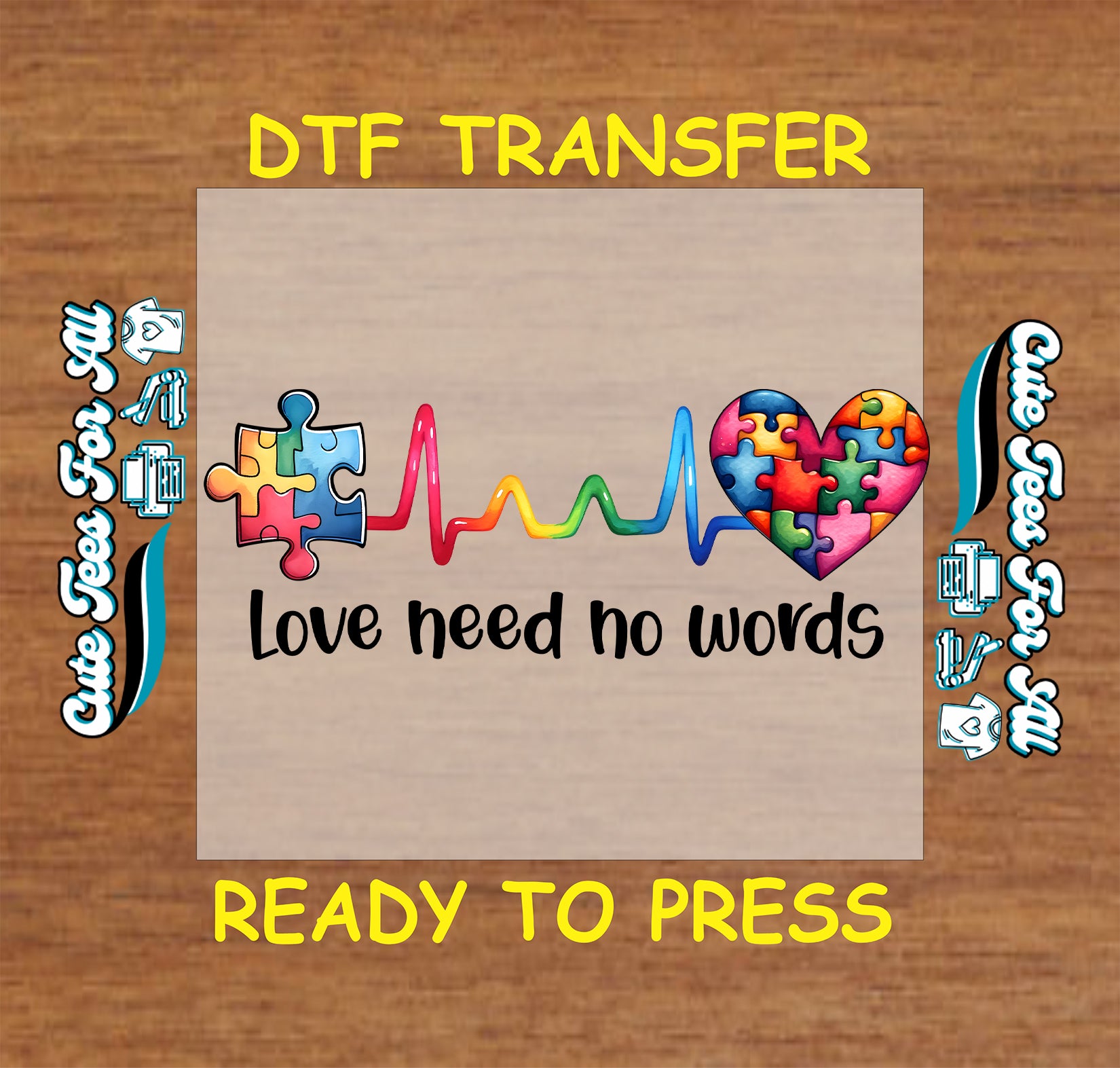 Ready to press dtf autism transfer with puzzle piece, rainbow heartbeat line, puzzle heart, and love heed no words text