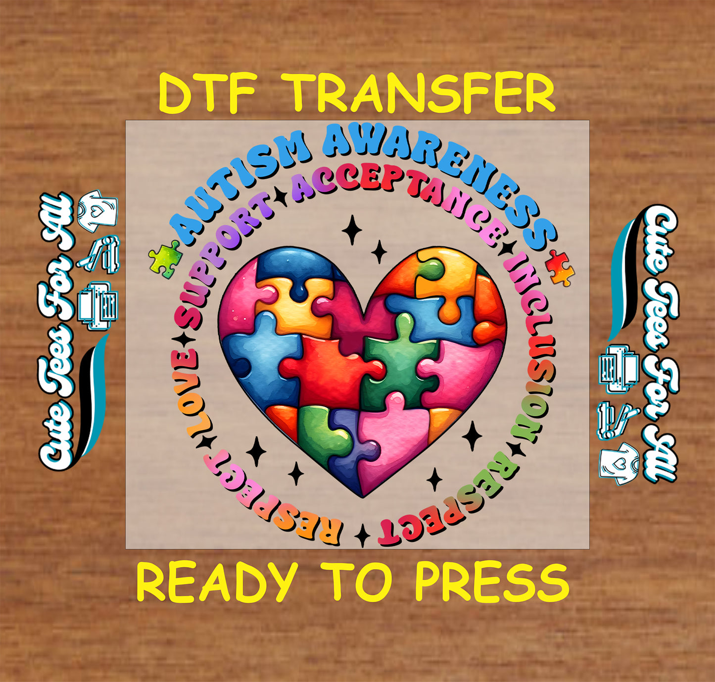 Ready to press dtf autism transfer with rainbow puzzle heart and circular autism awareness acceptance inclusion respect love support text