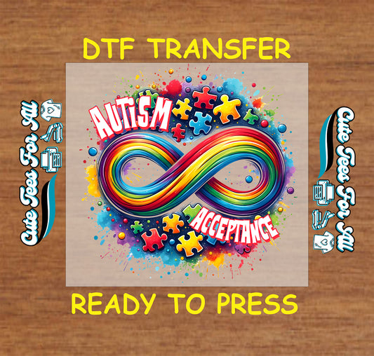 Ready to press dtf autism transfer with rainbow infinity symbol, puzzle pieces, paint splash background, and autism acceptance text