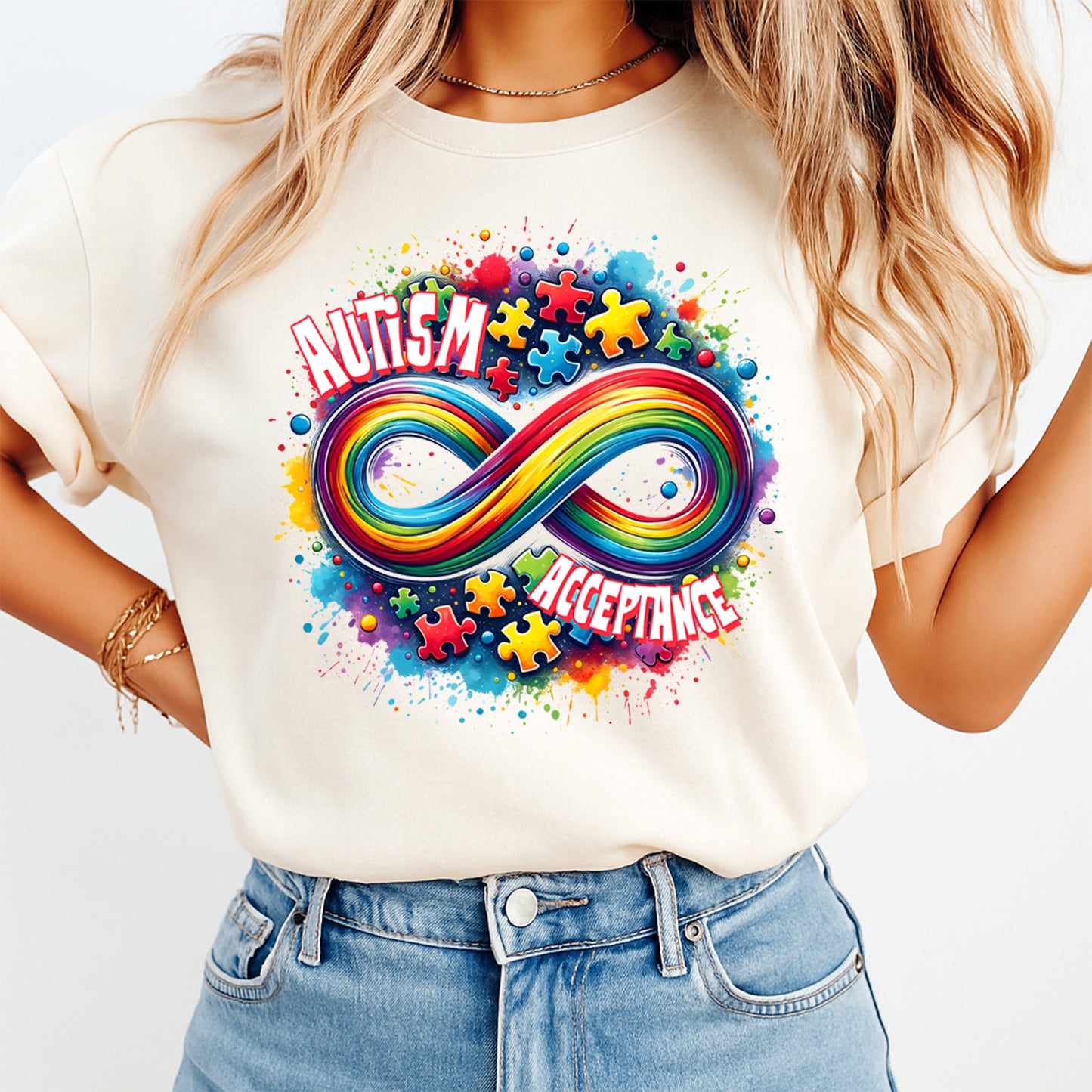 Autism DTF Transfer – Rainbow Infinity Acceptance Ready to Press Iron On Heat Transfer DIY Autism Shirts 12688