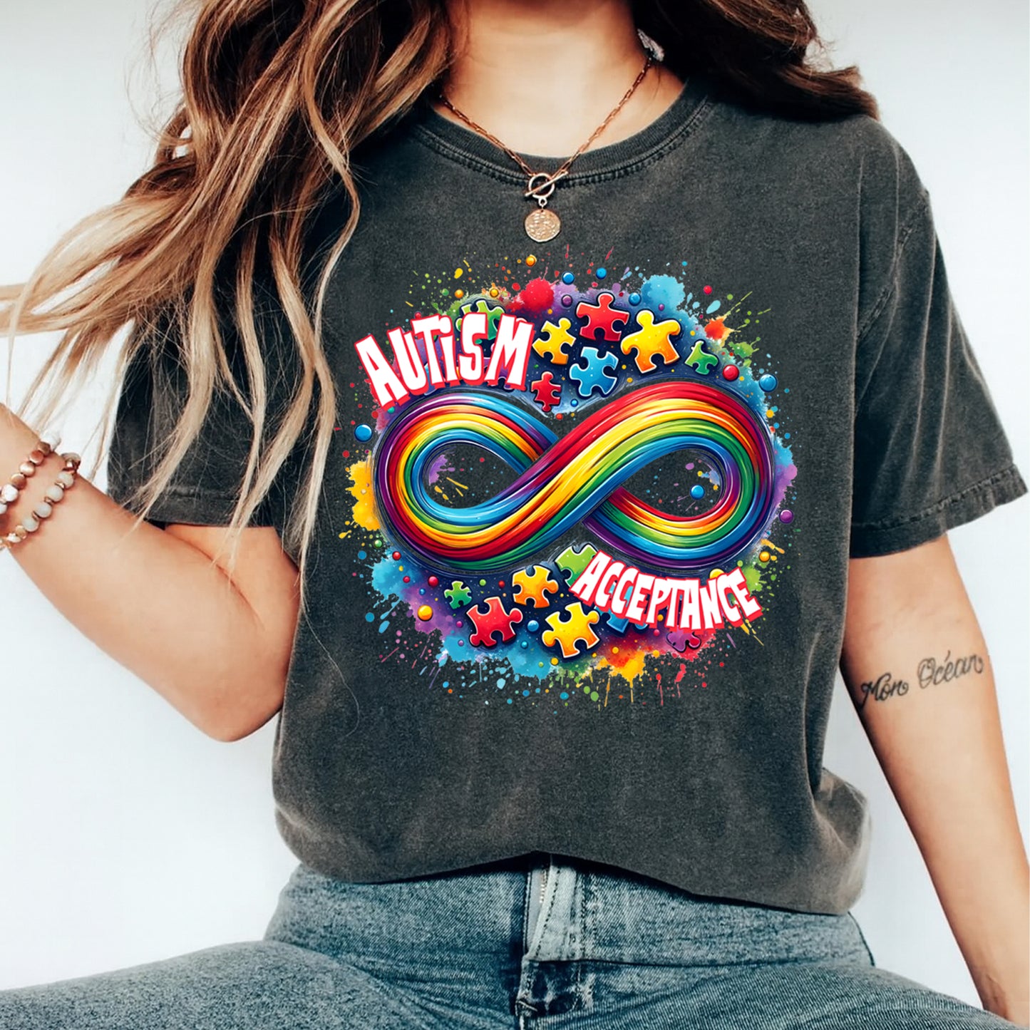 Autism DTF Transfer – Rainbow Infinity Acceptance Ready to Press Iron On Heat Transfer DIY Autism Shirts 12688