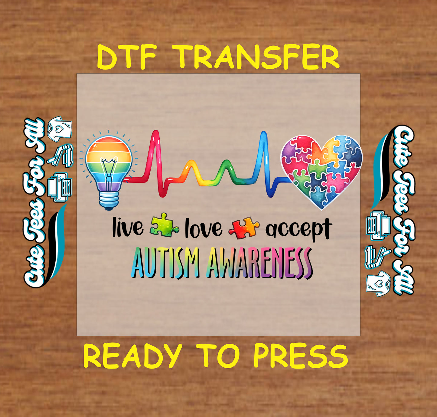 Ready to press dtf autism transfer with rainbow lightbulb, heartbeat line, puzzle pieces, puzzle heart, and live love accept autism awareness text
