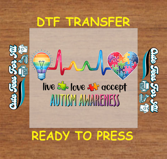 Ready to press dtf autism transfer with rainbow lightbulb, heartbeat line, puzzle pieces, puzzle heart, and live love accept autism awareness text