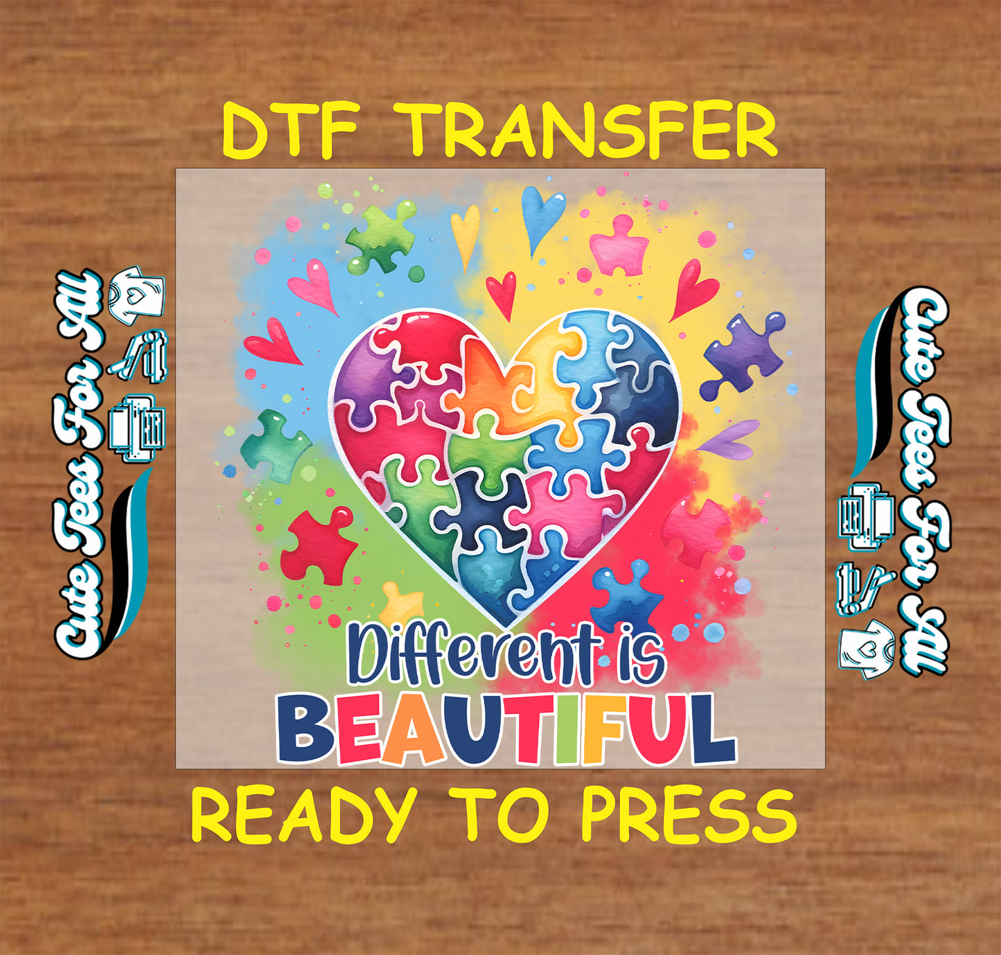 Ready to press dtf autism transfer with puzzle heart, colorful paint splashes, puzzle pieces, and different is beautiful text