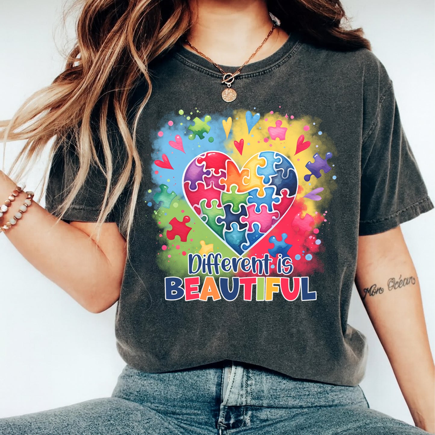 Autism DTF Transfer – Different Is Beautiful Heart Ready to Press Iron On Heat Transfer DIY Autism Shirts 12690
