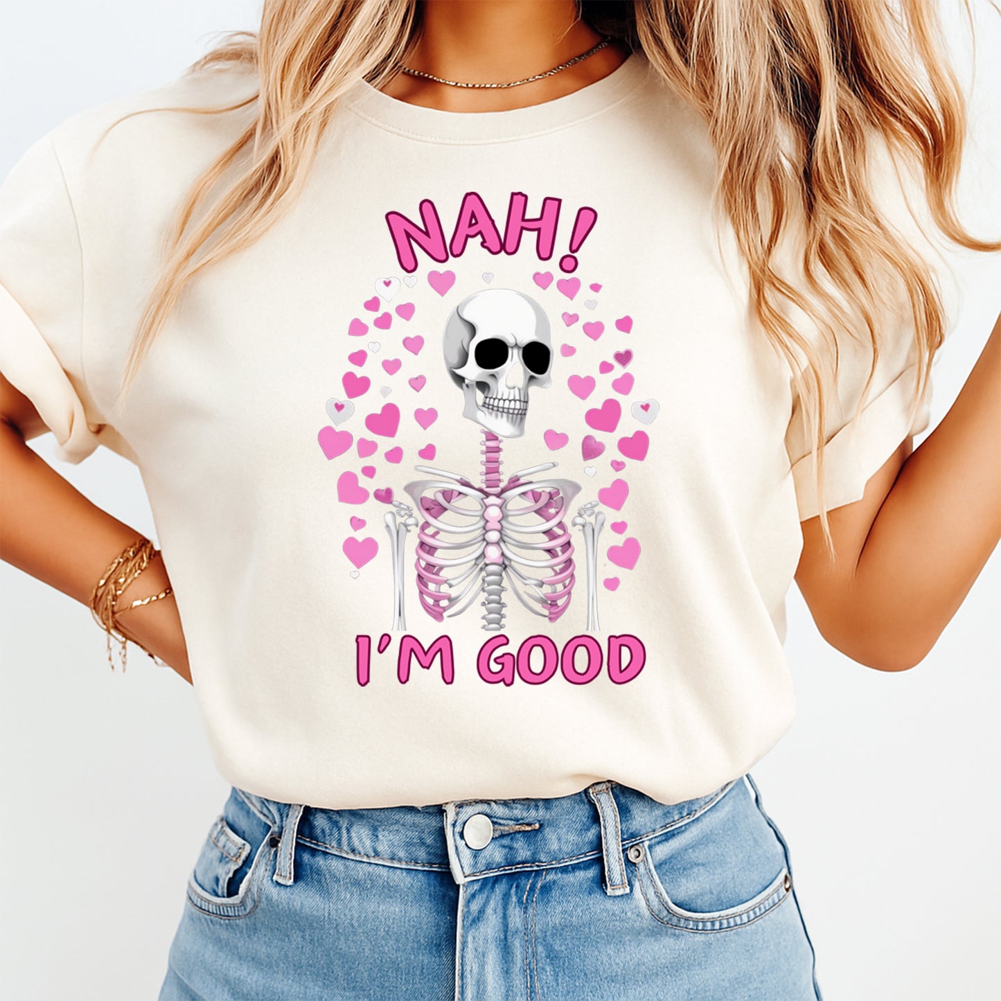 Funny Valentine DTF Transfer – Skeleton Nah I’m Good Ready to Press Iron On Heat Transfer for DIY Valentine Shirts 12692