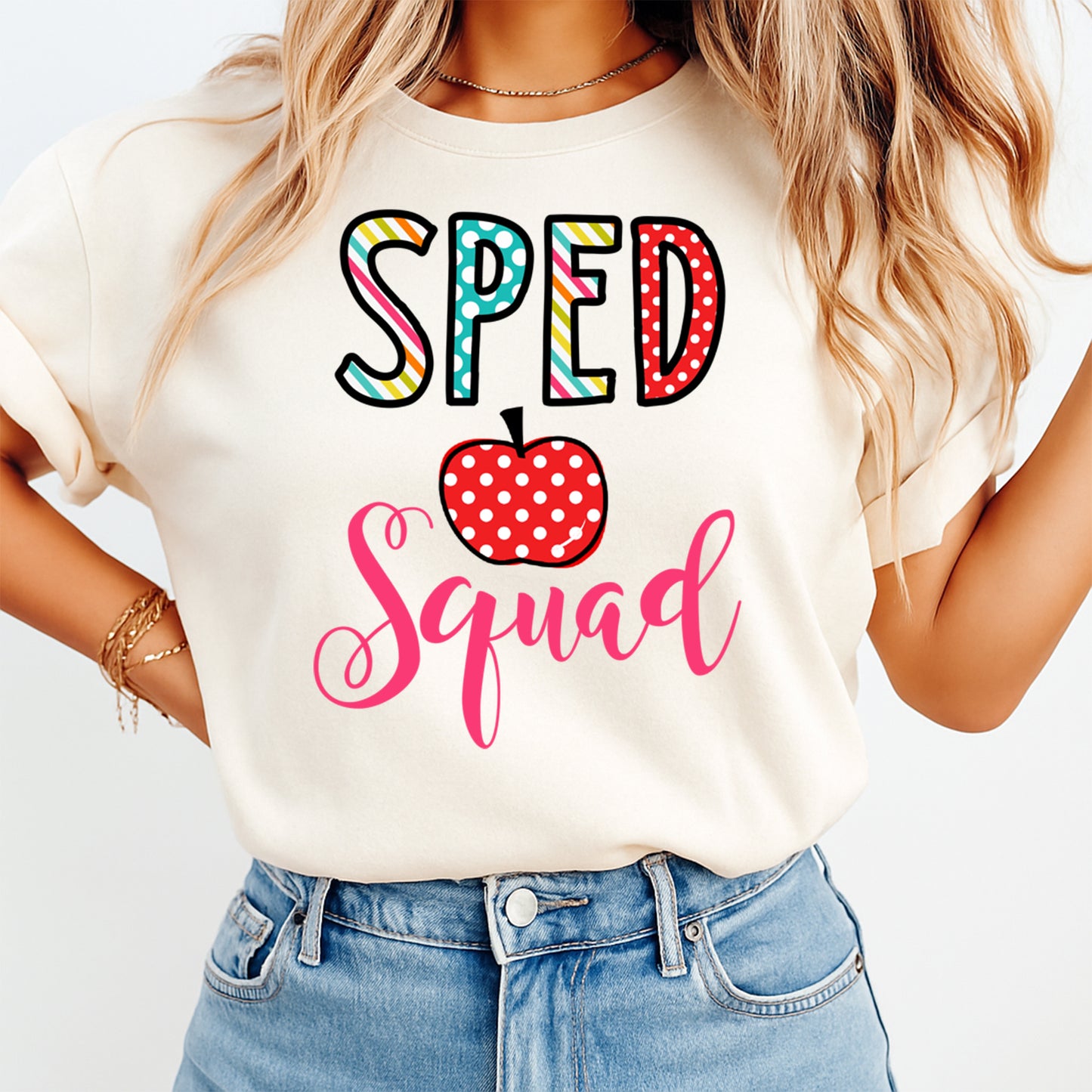 Special Education Teacher DTF Transfer – SPED Squad Apple Ready to Press Iron On Heat Transfer for DIY Teacher Shirts 12694
