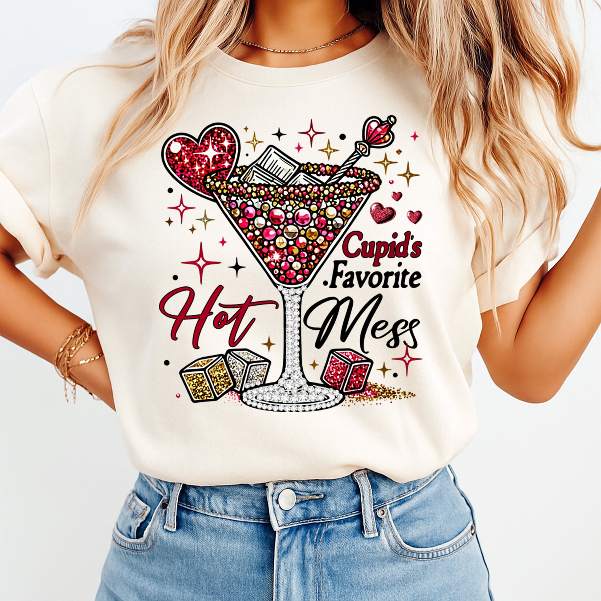 Person wearing a white t-shirt with a colorful graphic design and text.
